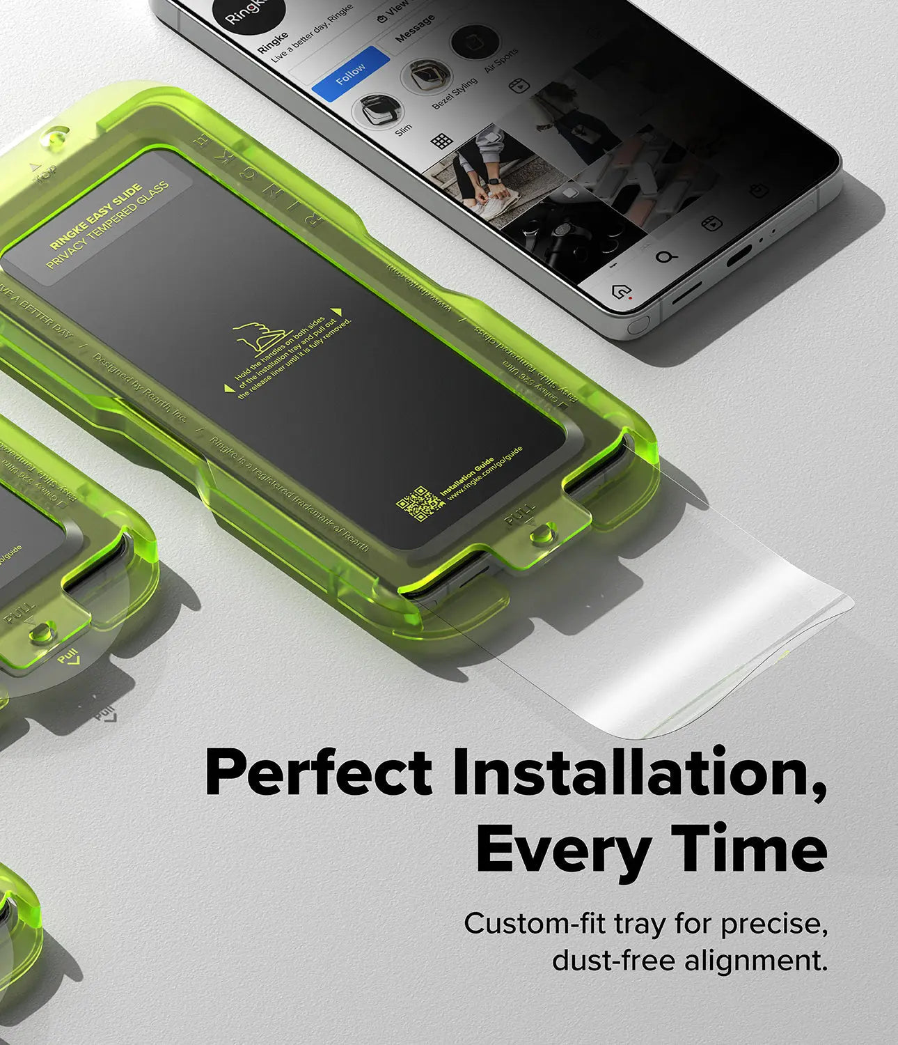 Green phone case with smartphone on a white background, emphasizing perfect installation.