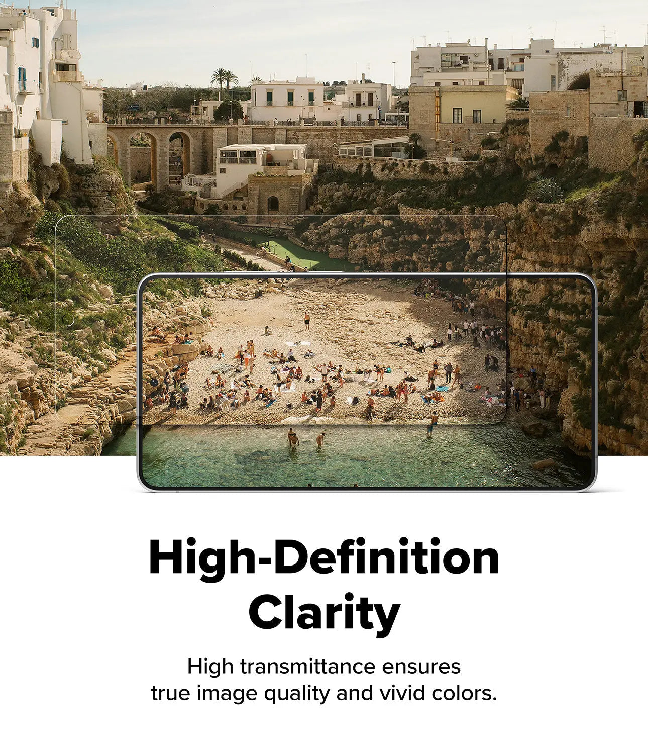 Phone screen displaying a beach scene with scenic architecture, text 'High-Definition Clarity' on a white background.