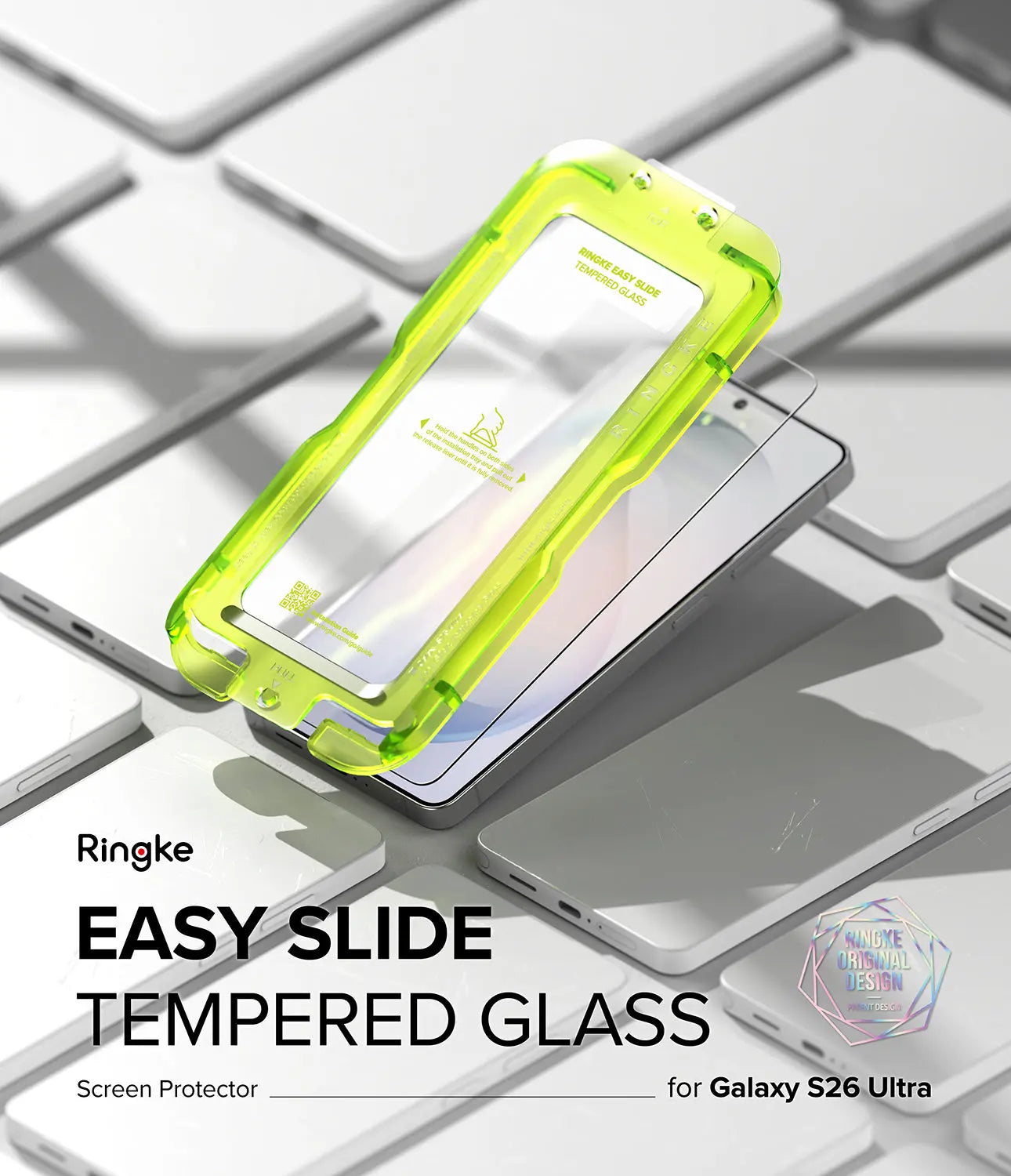 Ringke Easy Slide tempered glass screen protector for Samsung Galaxy S26 Ultra on a keyboard background