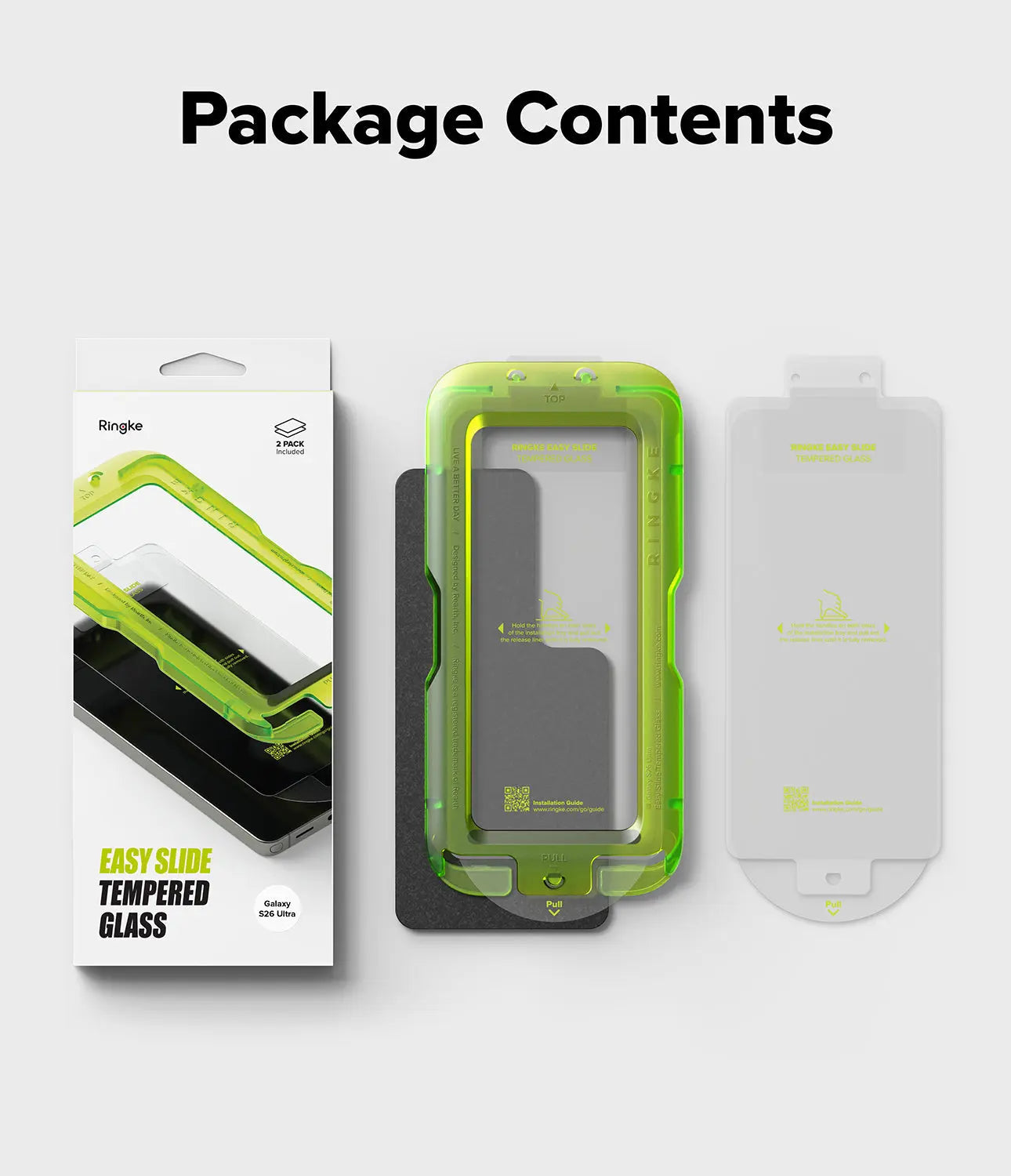 Package contents including a tempered glass screen protector and packaging on a white background