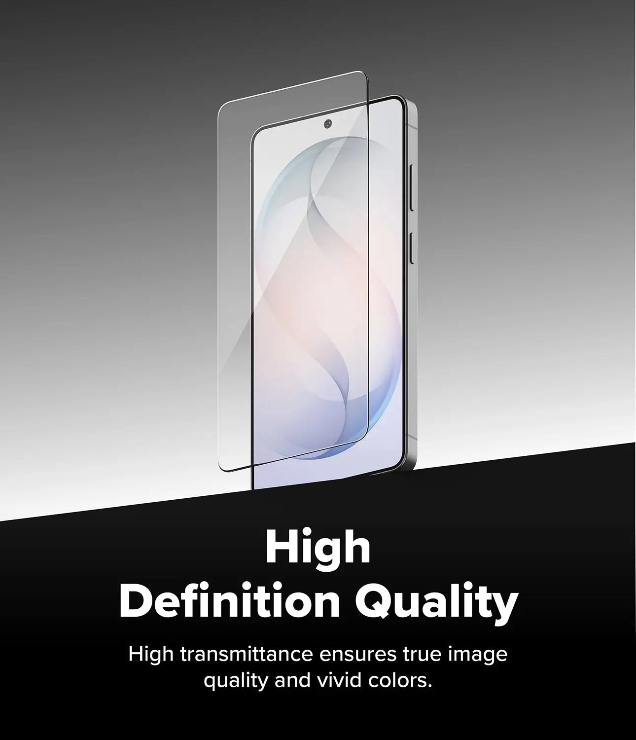 Smartphone with a transparent screen protector on a gradient background, emphasizing high definition quality.