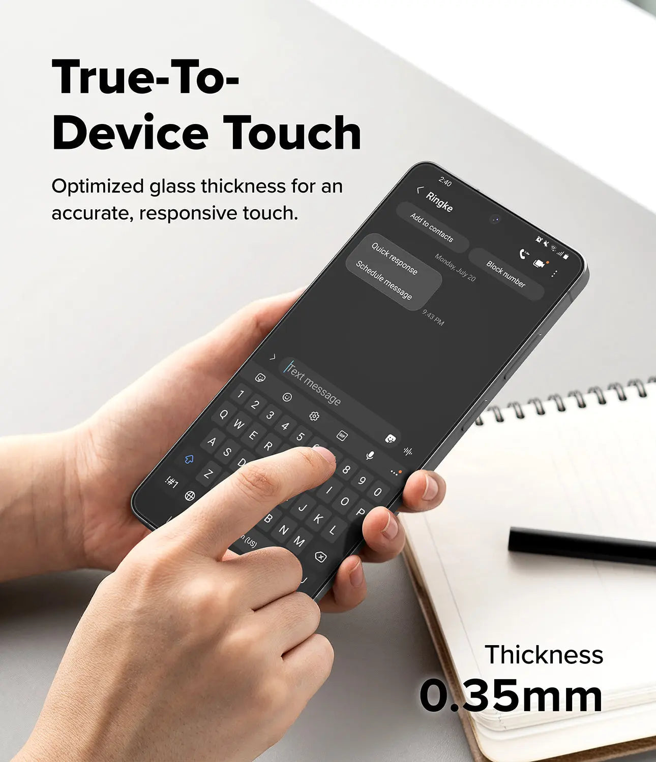 Person holding a smartphone with a keyboard displayed, on a light surface with text about device touch and glass thickness.