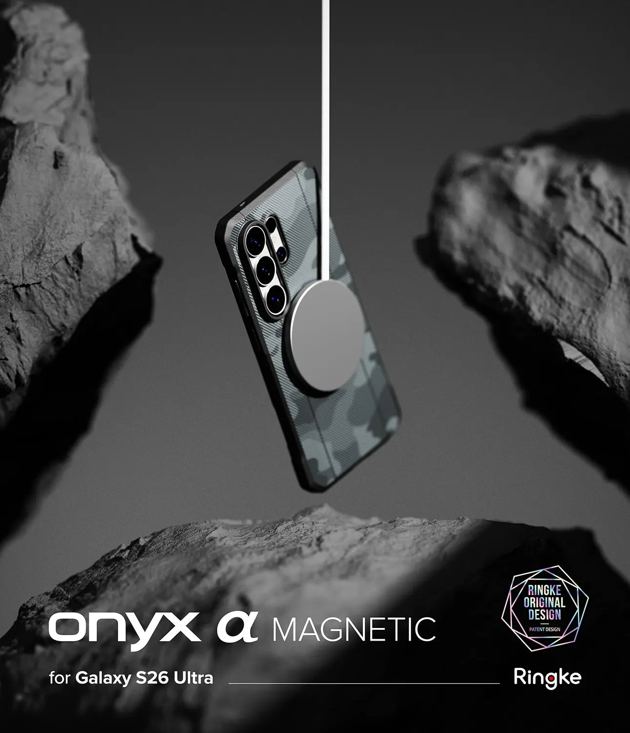 Phone case with magnetic feature on a black and white background, featuring the brand 'Ringke'.