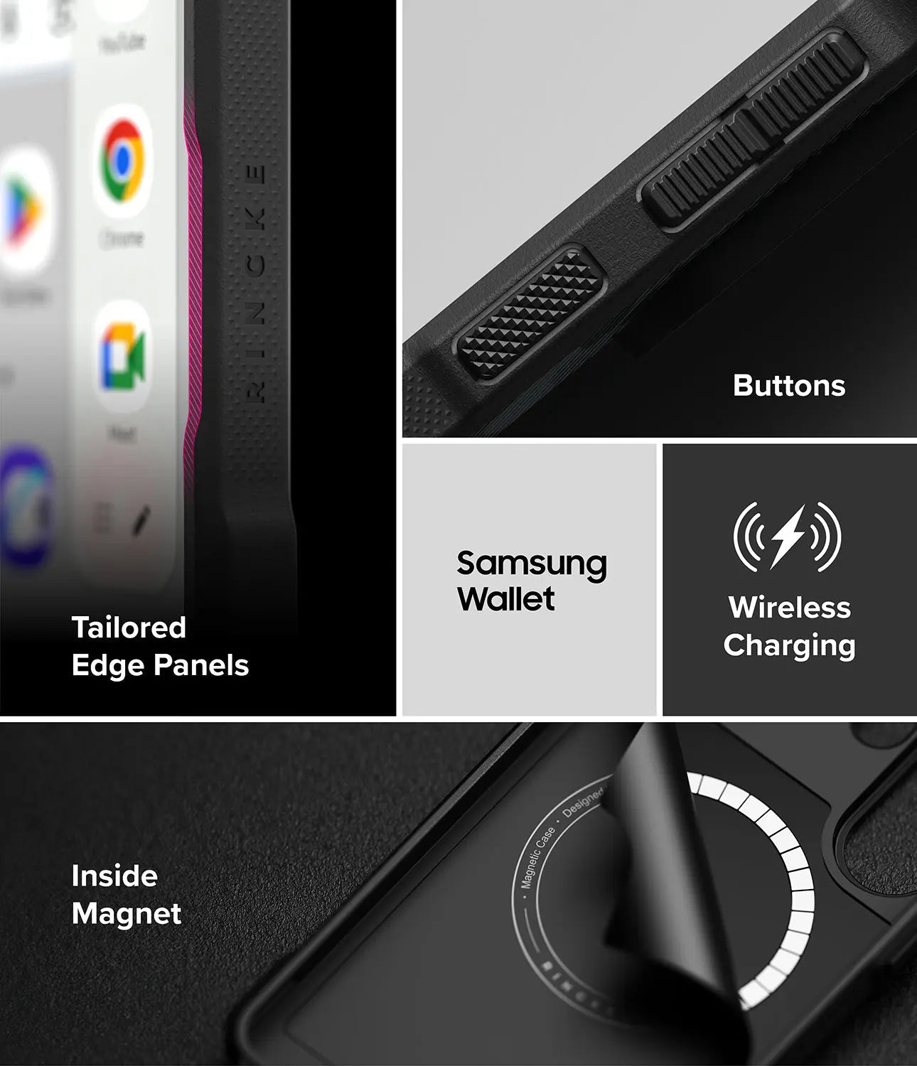 Collage of features on a phone case including edge panels, buttons, Samsung Wallet, wireless charging, and inside magnet.
