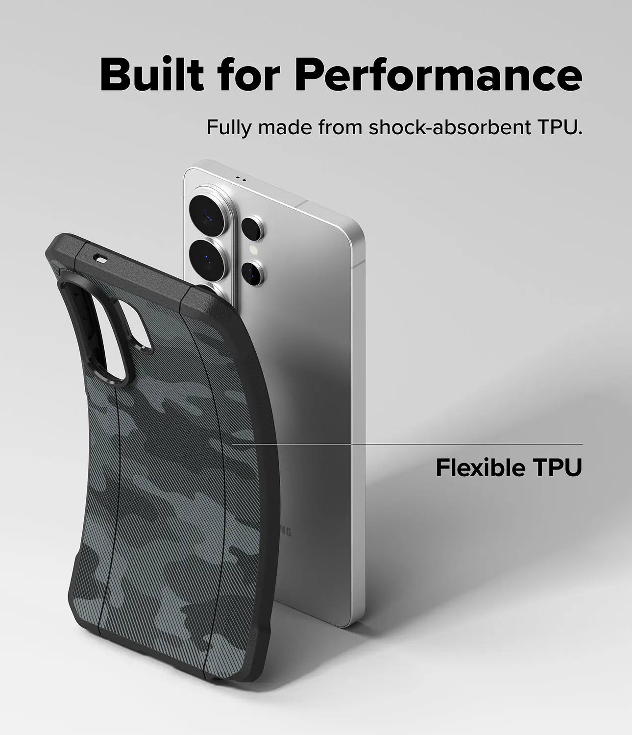 Phone case with camouflage pattern and text 'Built for Performance' on a gray background