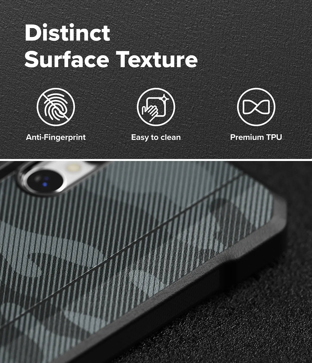 Phone case with camouflage pattern and text highlighting features on a dark background