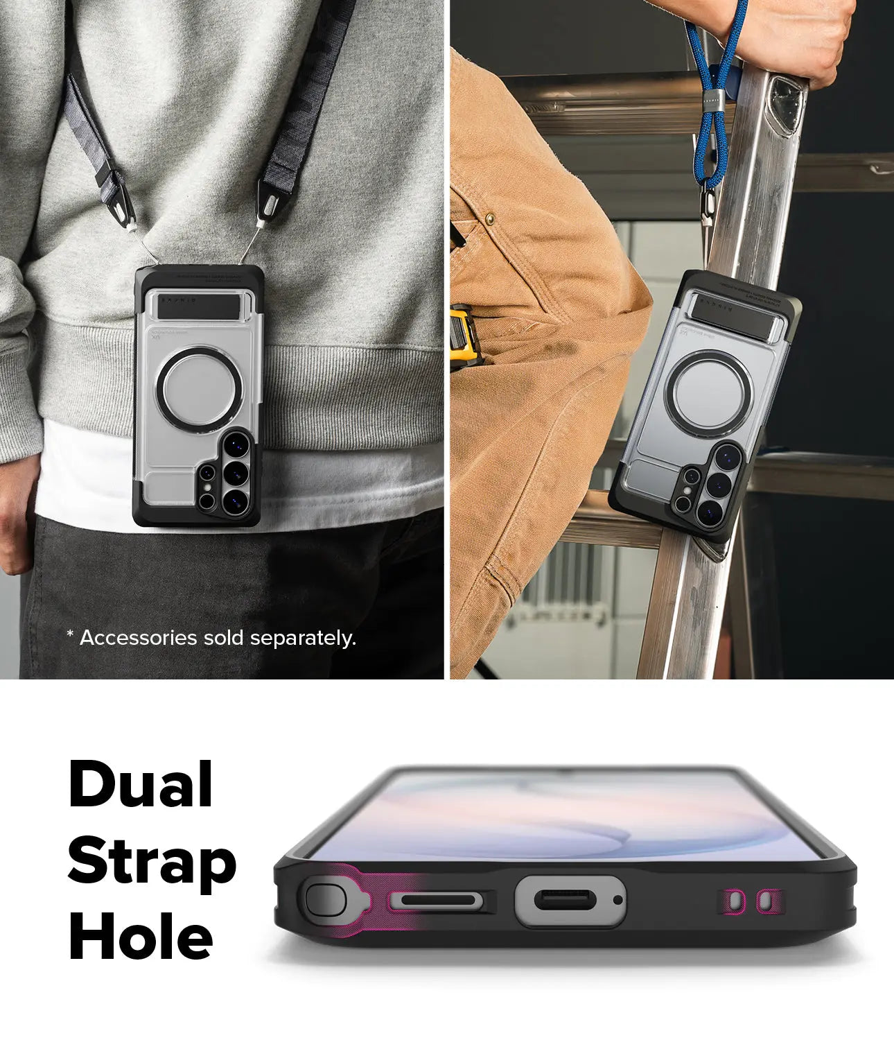 Phone case with dual strap hole feature shown on a person and a ladder.