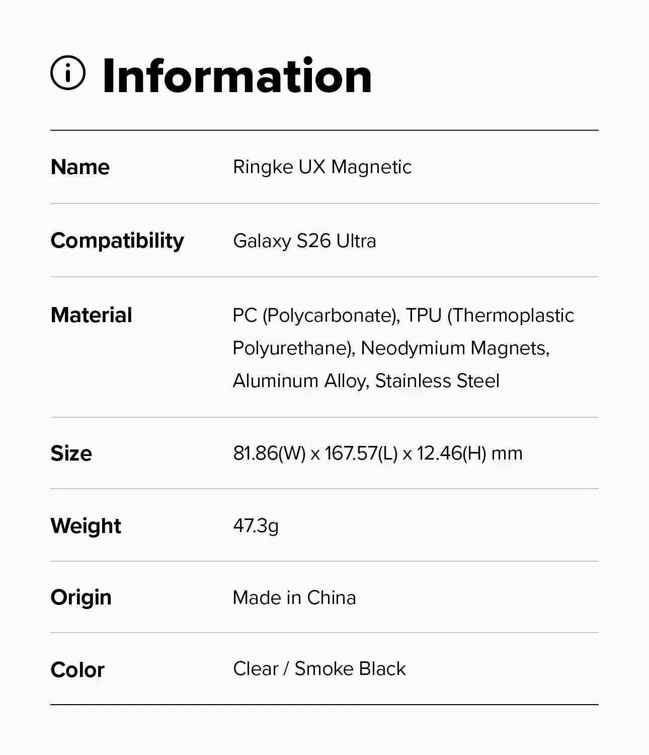 Product information card for Ringke UX Magnetic case with specifications.