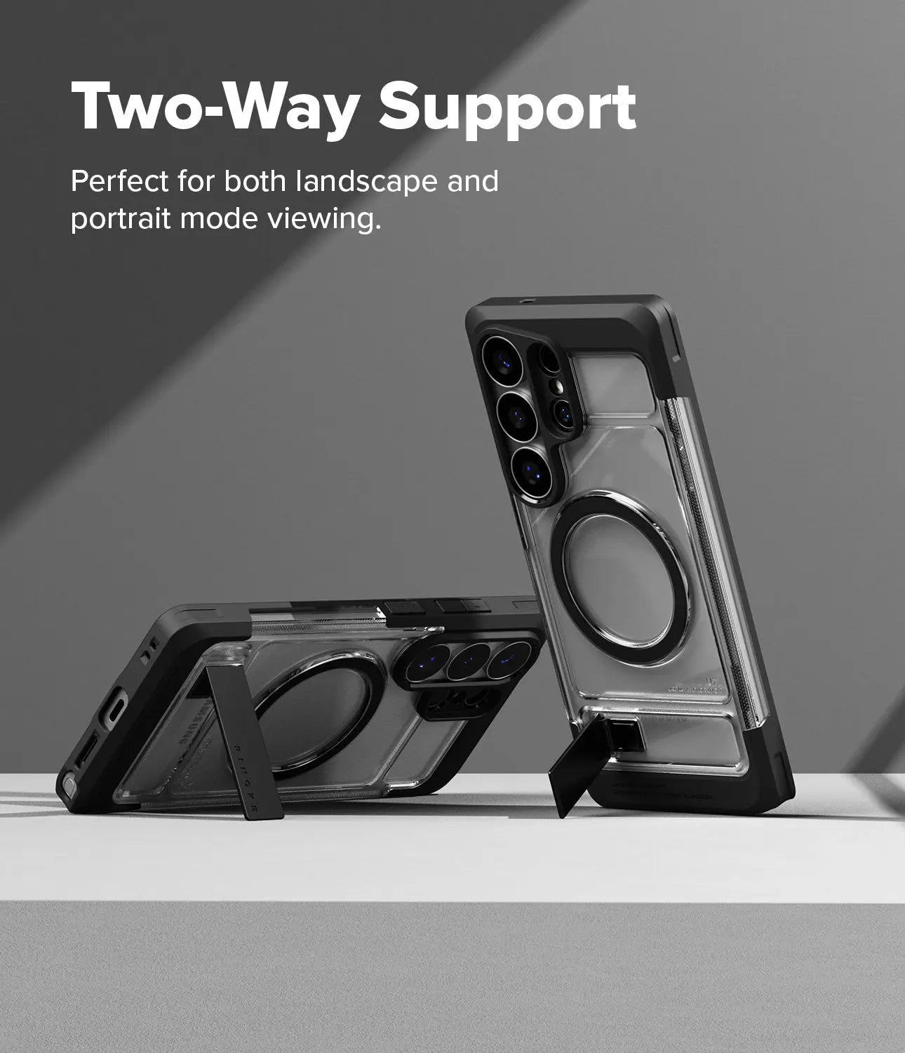 Phone case with two-way support feature on a gray background