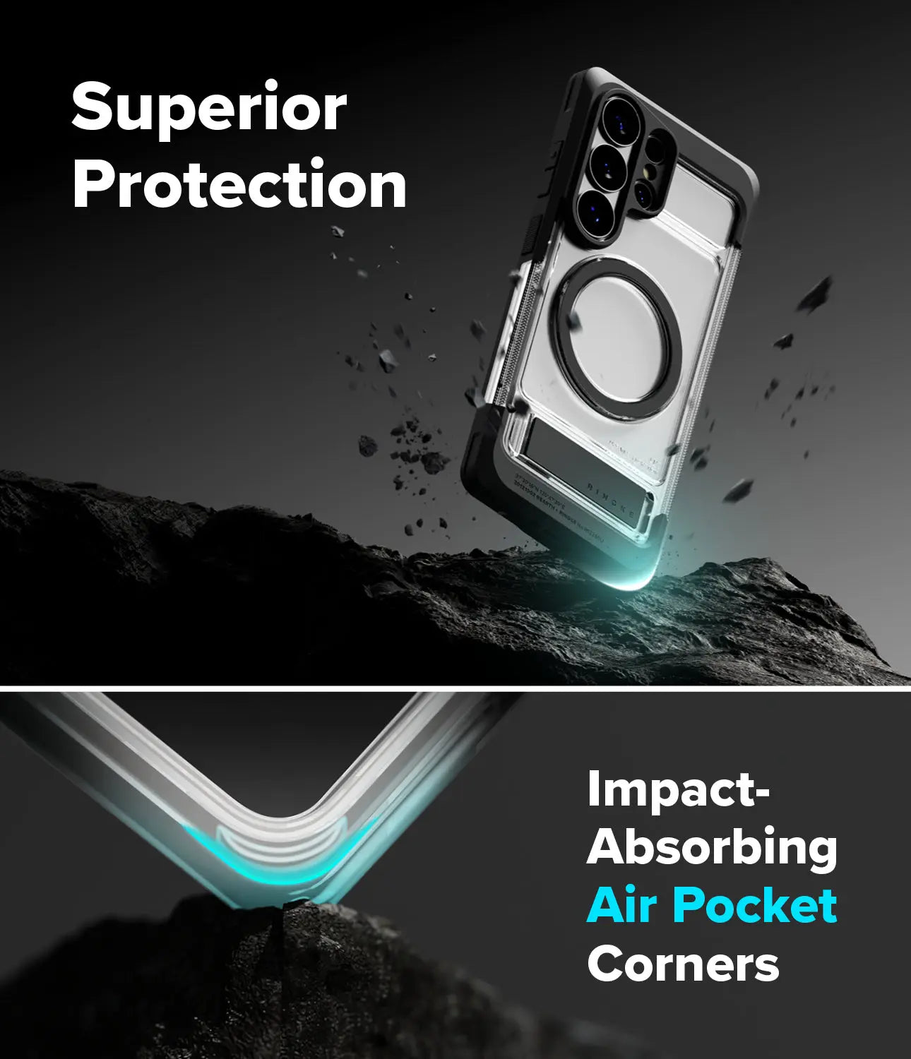 Phone case with impact-absorbing air pocket corners on a dark background
