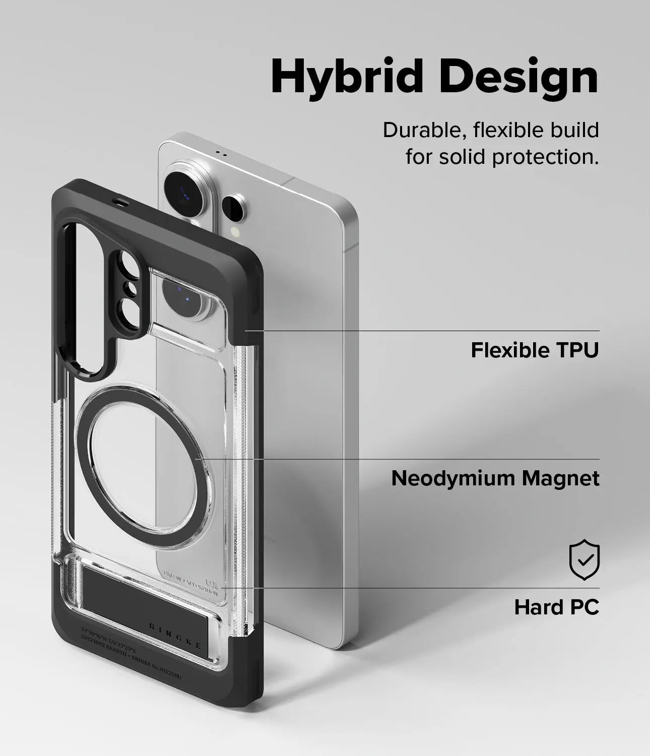 Hybrid phone case with TPU, magnet, and hard PC components on a gray background