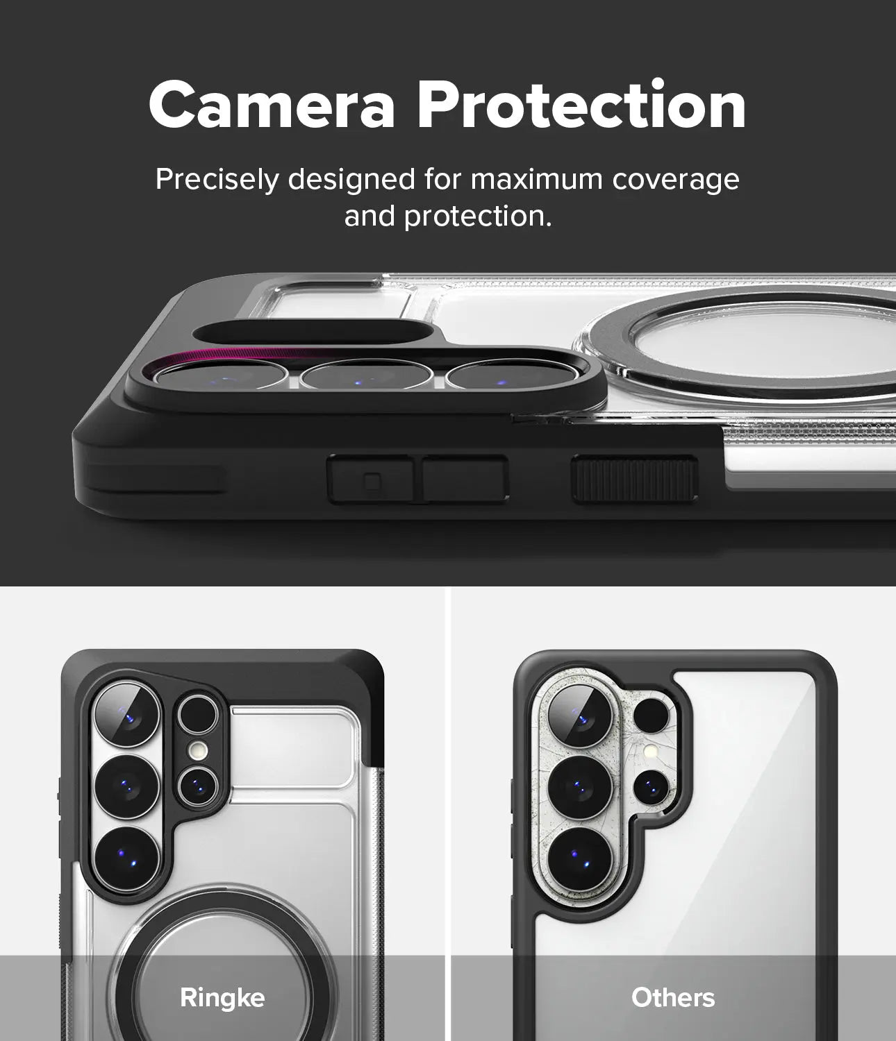 Camera protection case for a smartphone with Ringke branding, showing maximum coverage and protection.