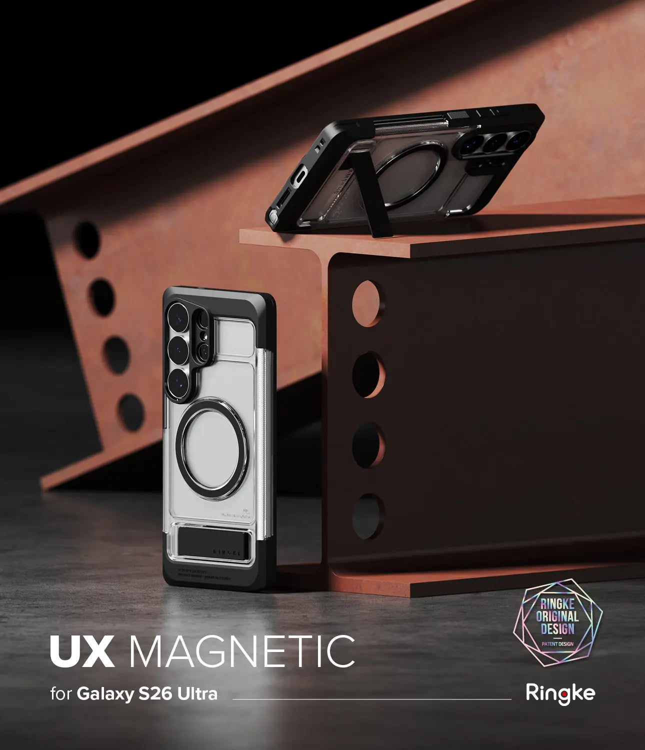 Ringke UX Magnetic phone case for Galaxy S26 Ultra on a dark surface with metal background