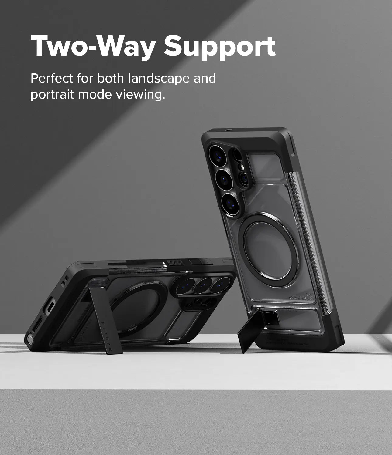 Phone case with two-way support feature on a gray background