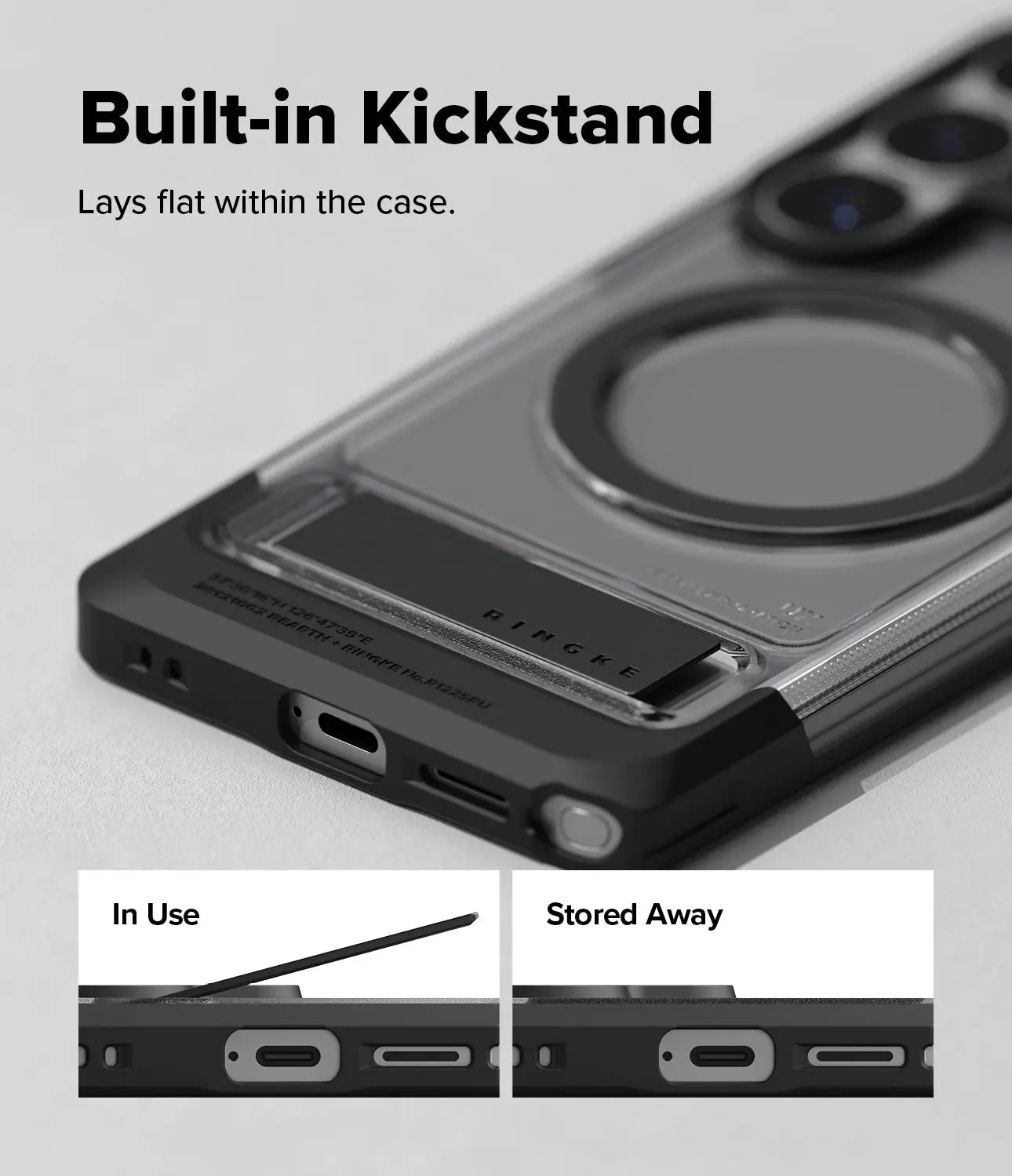 Phone case with built-in kickstand feature on a gray background