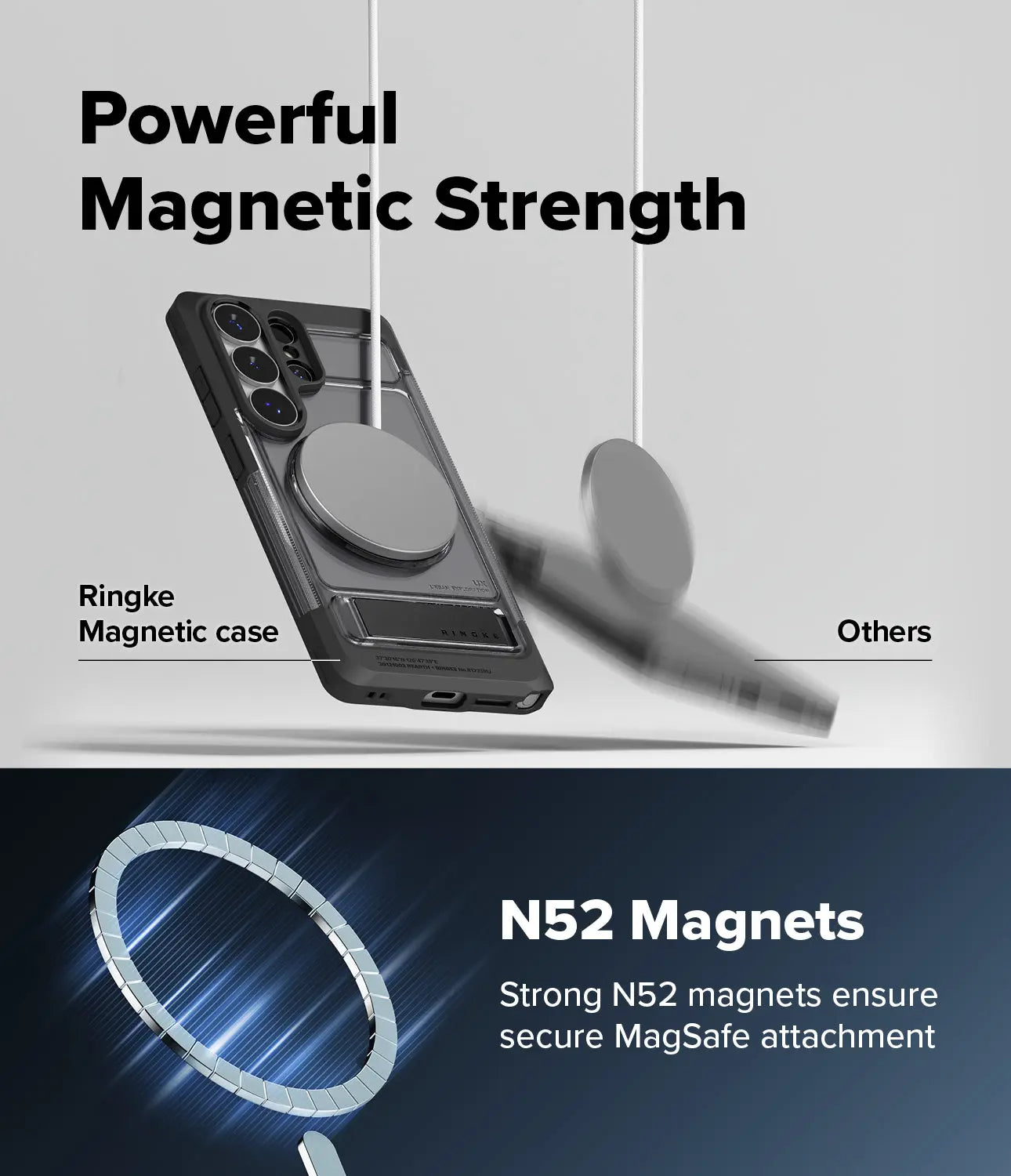Phone case with magnetic attachment feature, highlighting Ringke Magnetic case and N52 magnets.