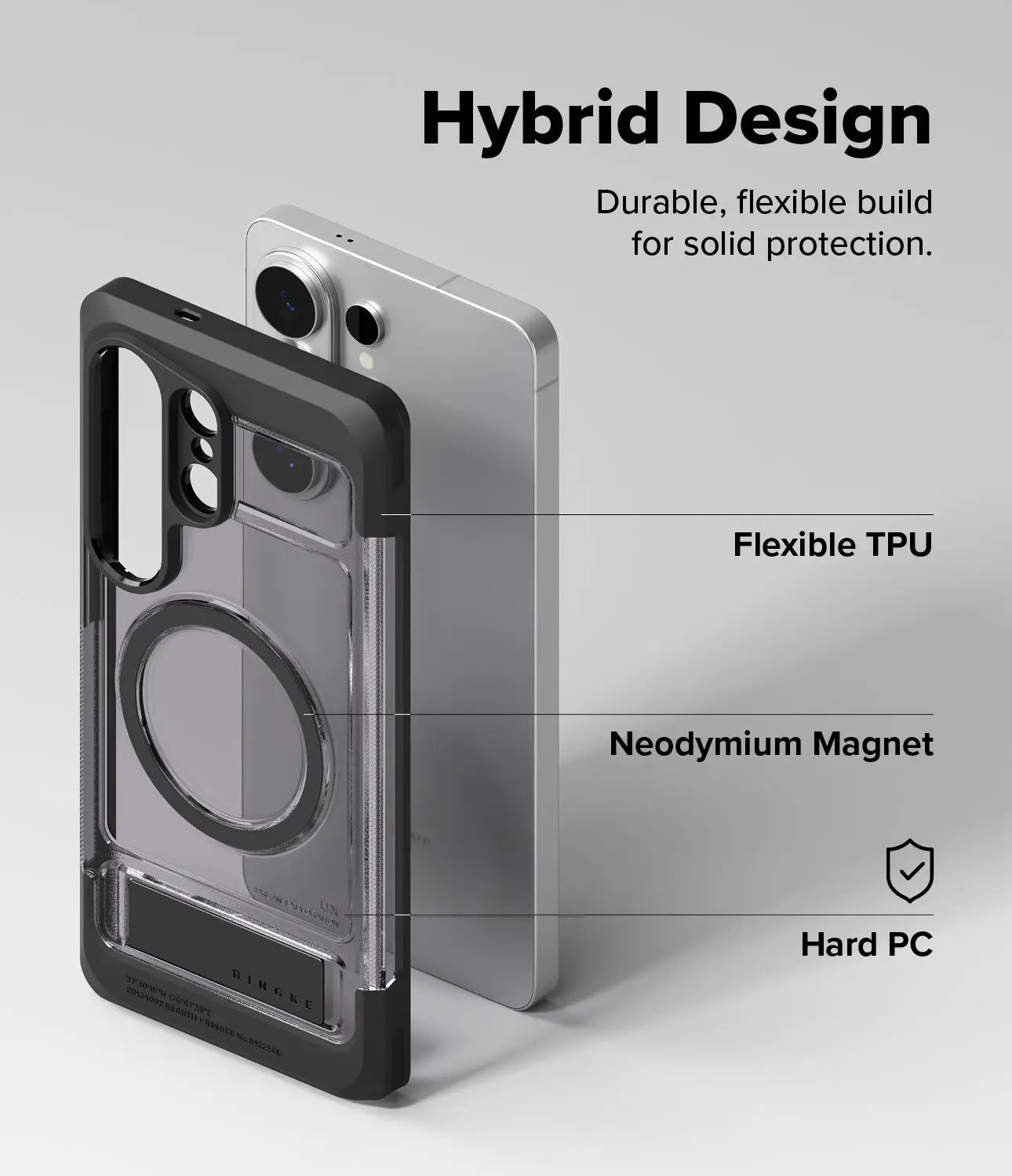 Hybrid phone case with TPU, neodymium magnet, and hard PC layers on a gray background.