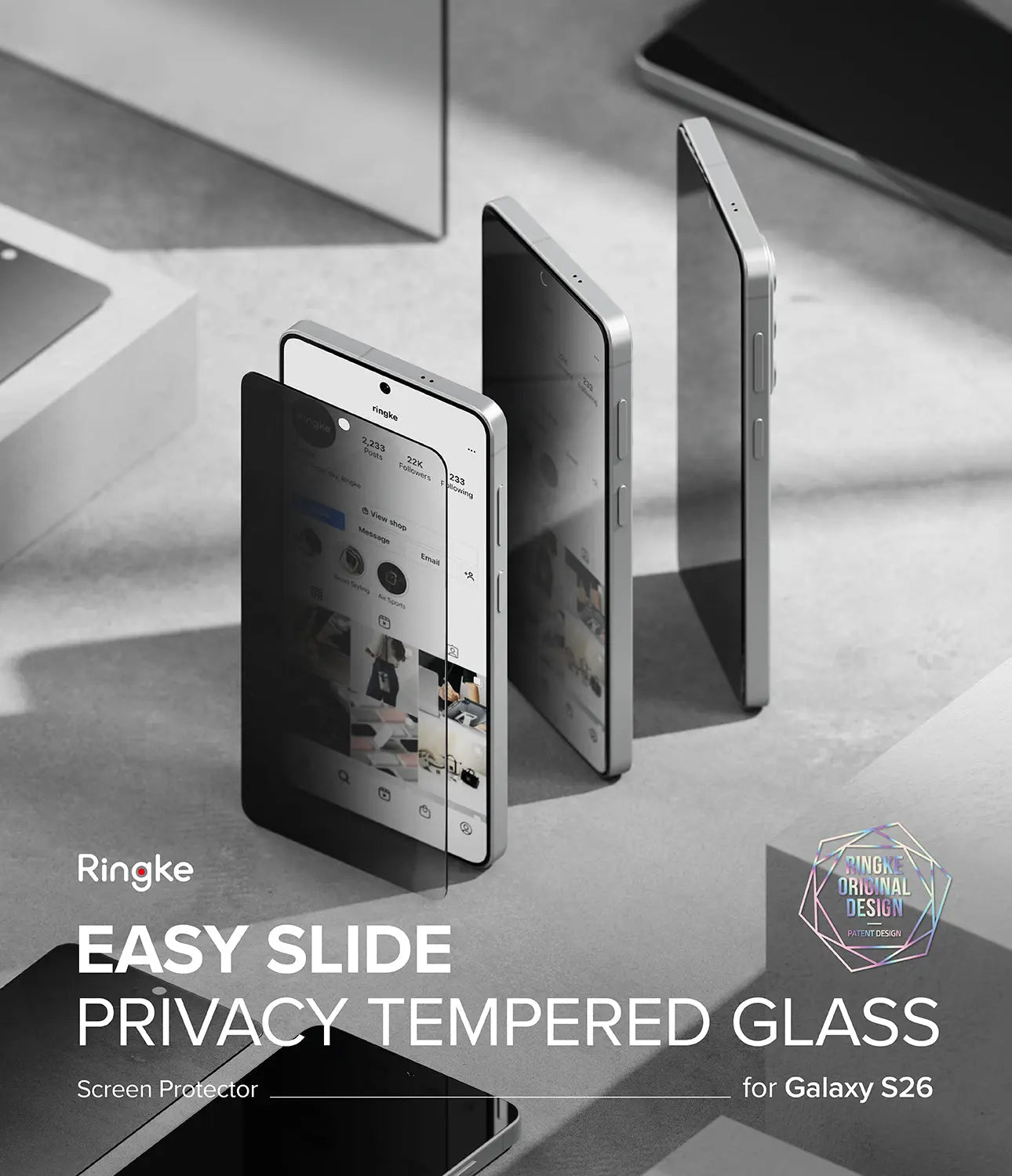 Smartphone with Easy Slide Privacy Tempered Glass screen protector on a reflective surface, featuring Ringke branding.