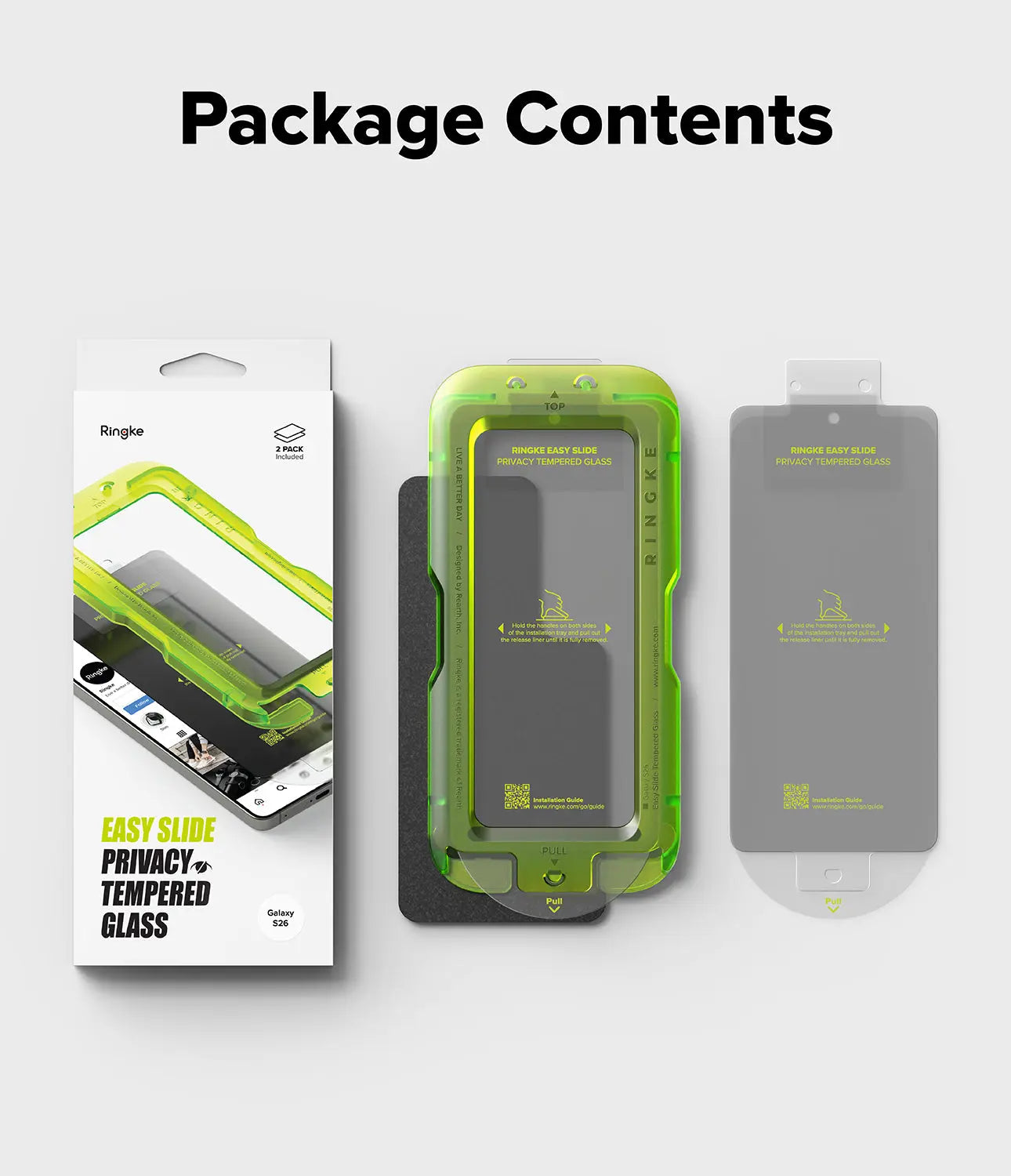 Phone screen protector packaging with green and gray design on a white background