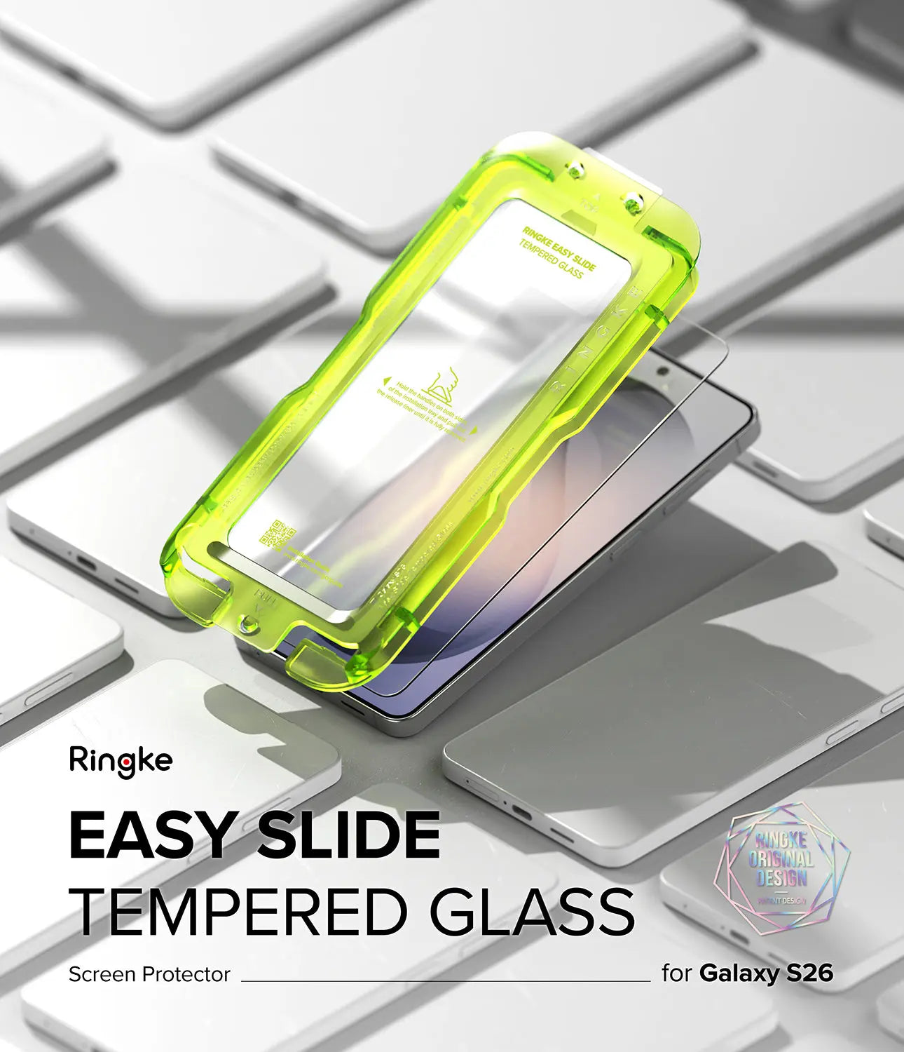 Ringke Easy Slide tempered glass screen protector for Samsung Galaxy S26 on a keyboard background