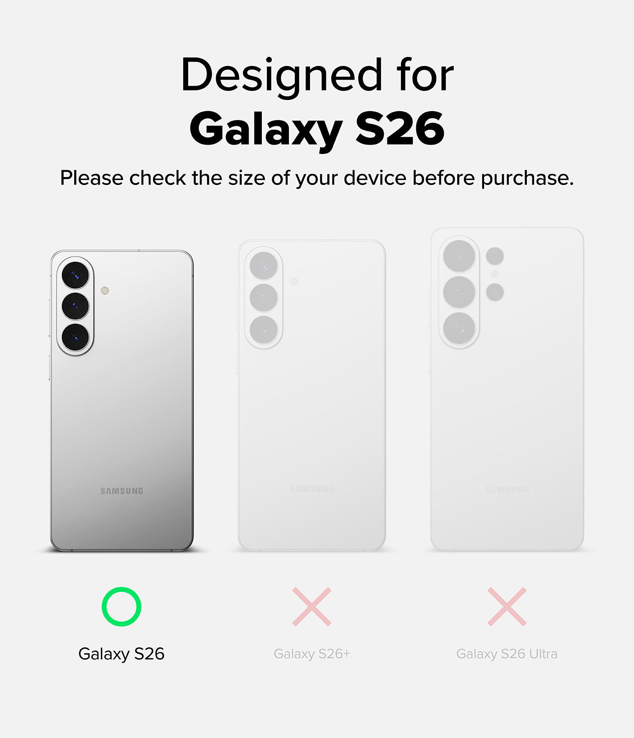 Samsung Galaxy S26 design guide with size comparison to other models on a white background.
