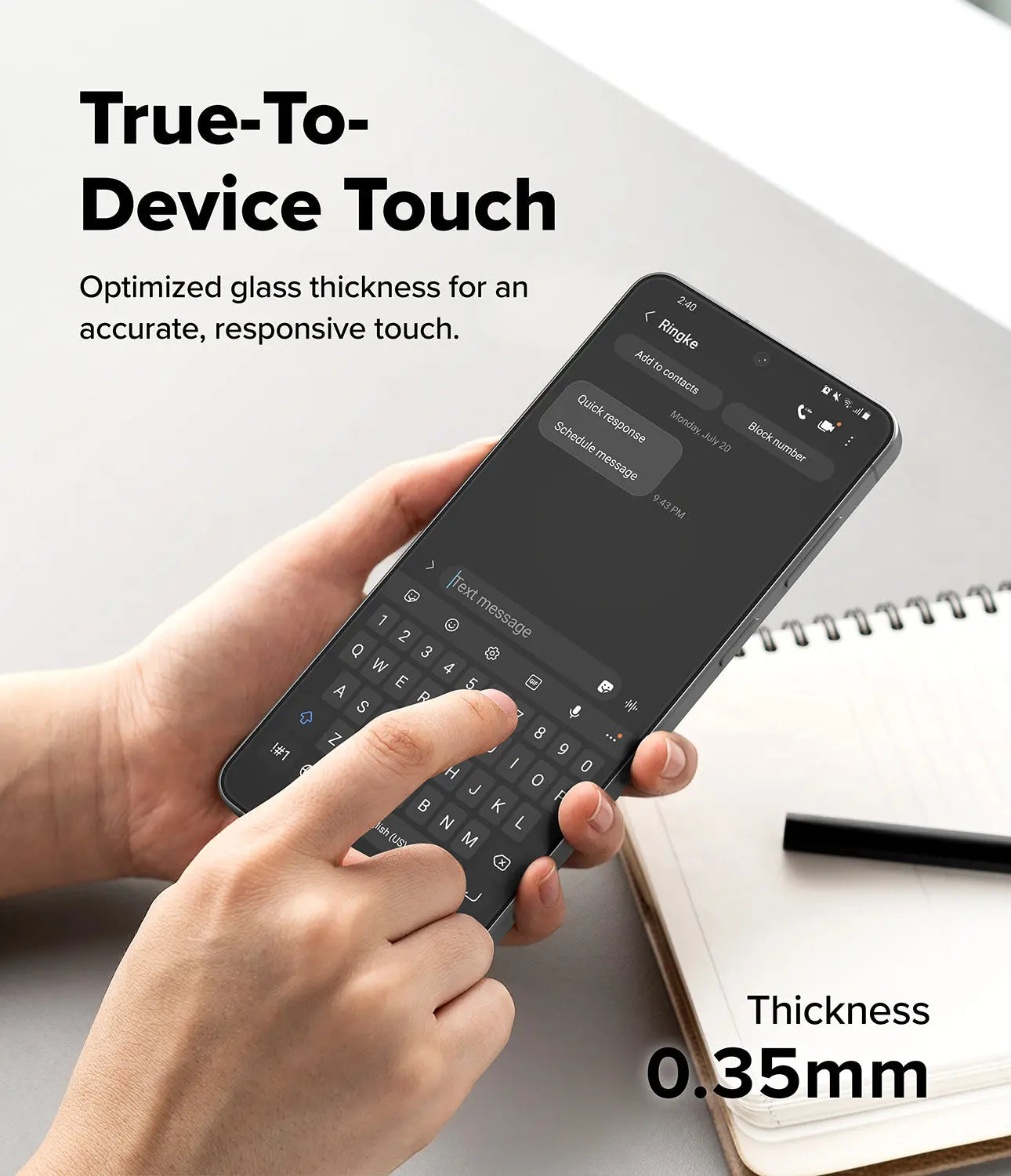 Person using a smartphone with a keyboard overlay, emphasizing 'True-To-Device Touch' feature.