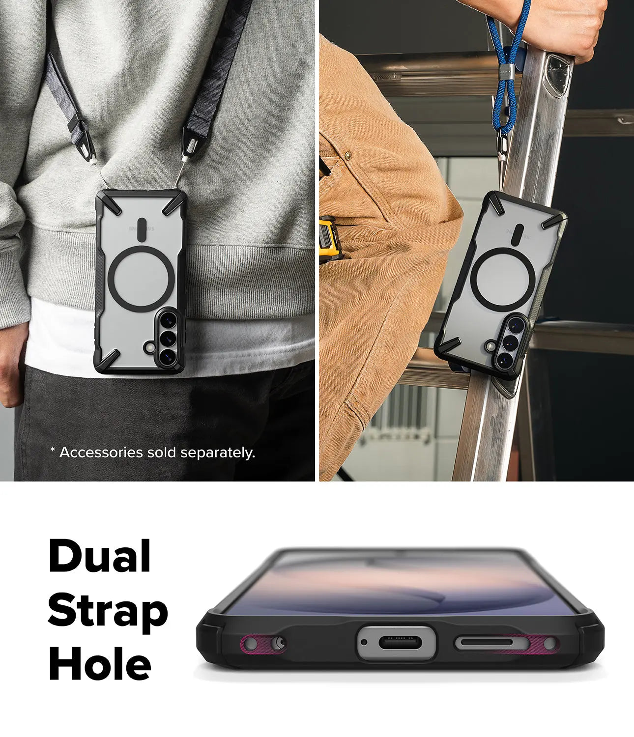 Phone case with dual strap hole feature shown on a person wearing it and a ladder.