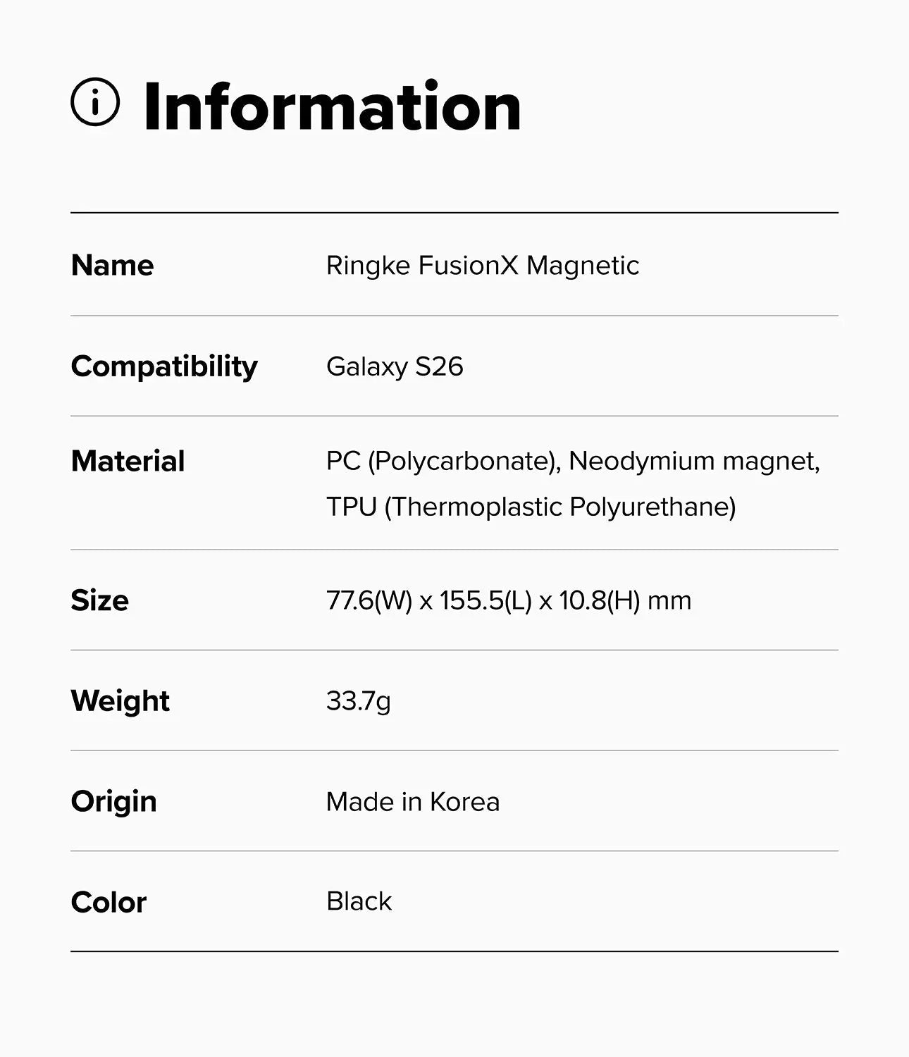 Product information card for Ringke FusionX Magnetic case with specifications.