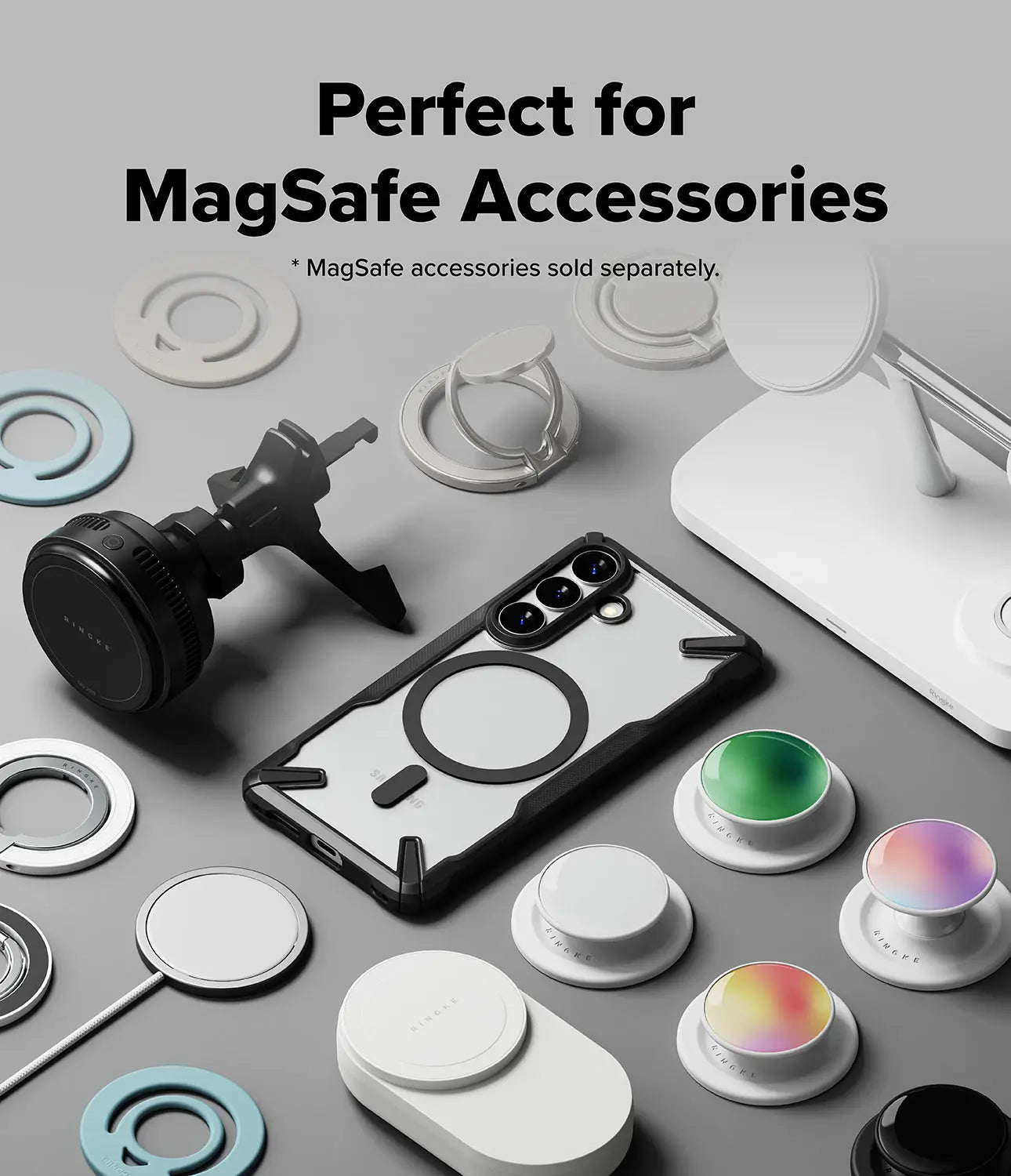 Phone case with MagSafe accessories on a gray surface
