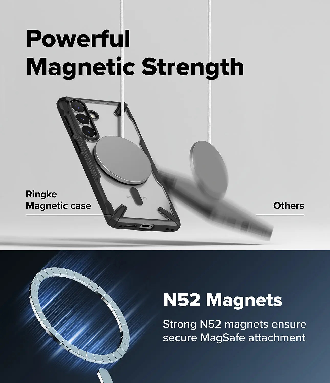 Phone case with magnetic feature and text highlighting 'Powerful Magnetic Strength' and 'N52 Magnets'.