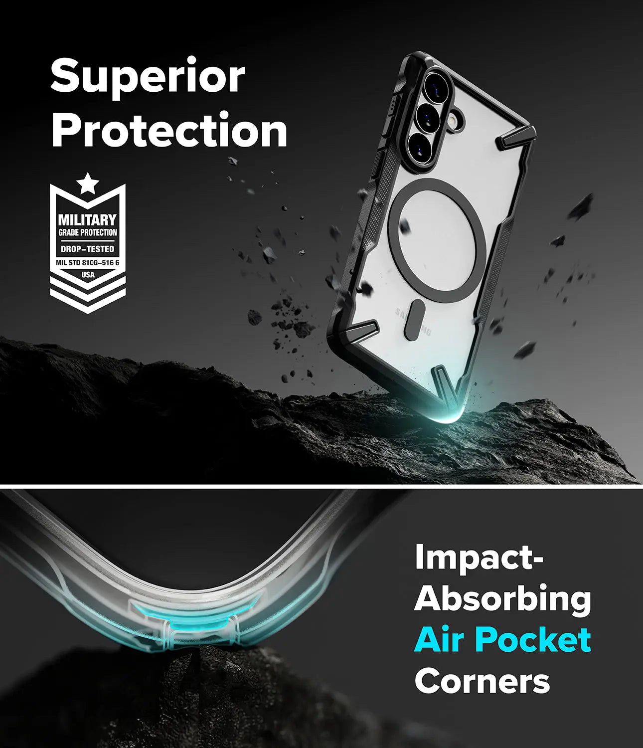 Phone case with 'Superior Protection' and 'Impact-Absorbing Air Pocket Corners' text, featuring a military grade protection logo.