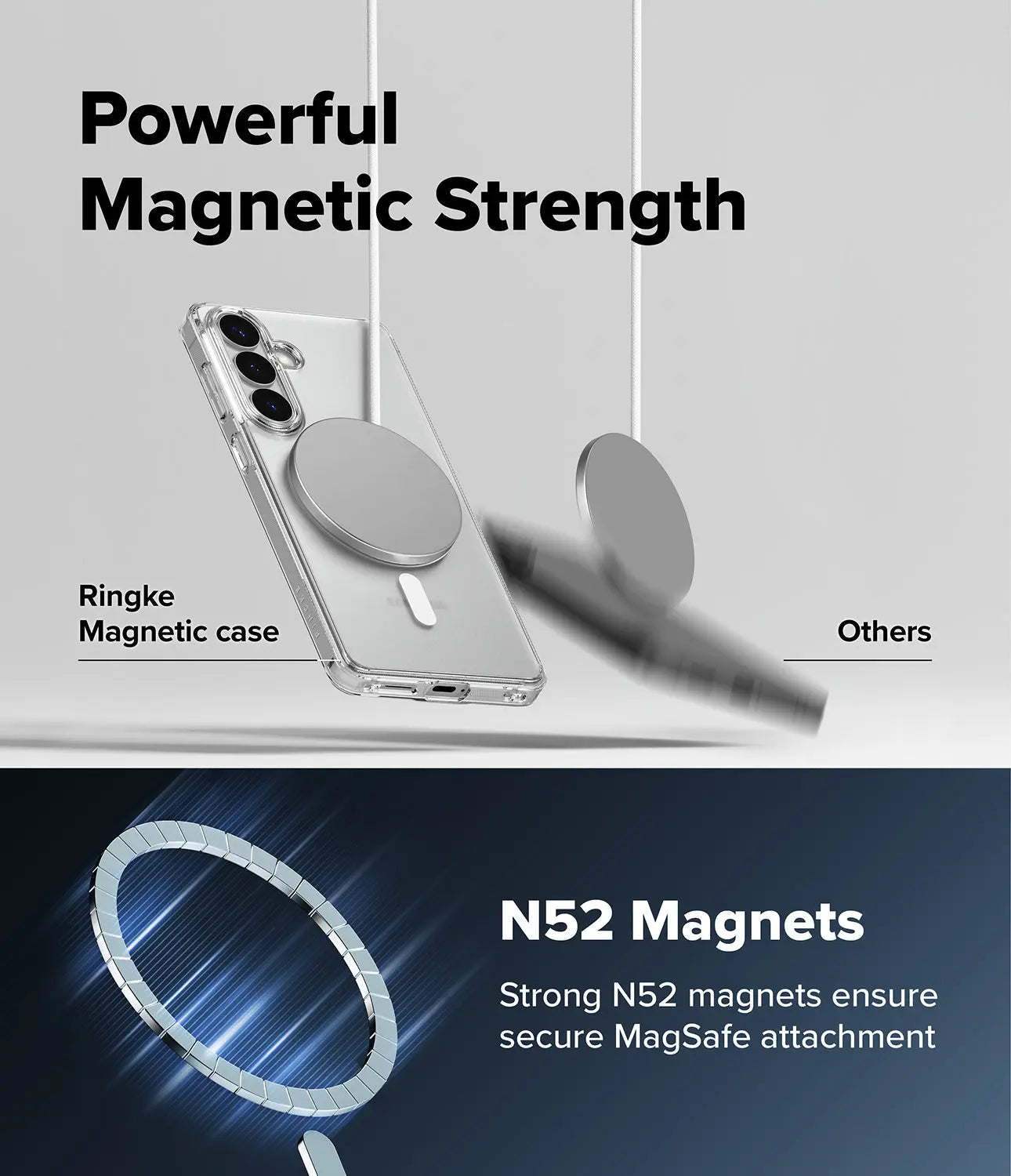 Phone case with magnetic attachment feature, showing Ringke brand on a gray background.