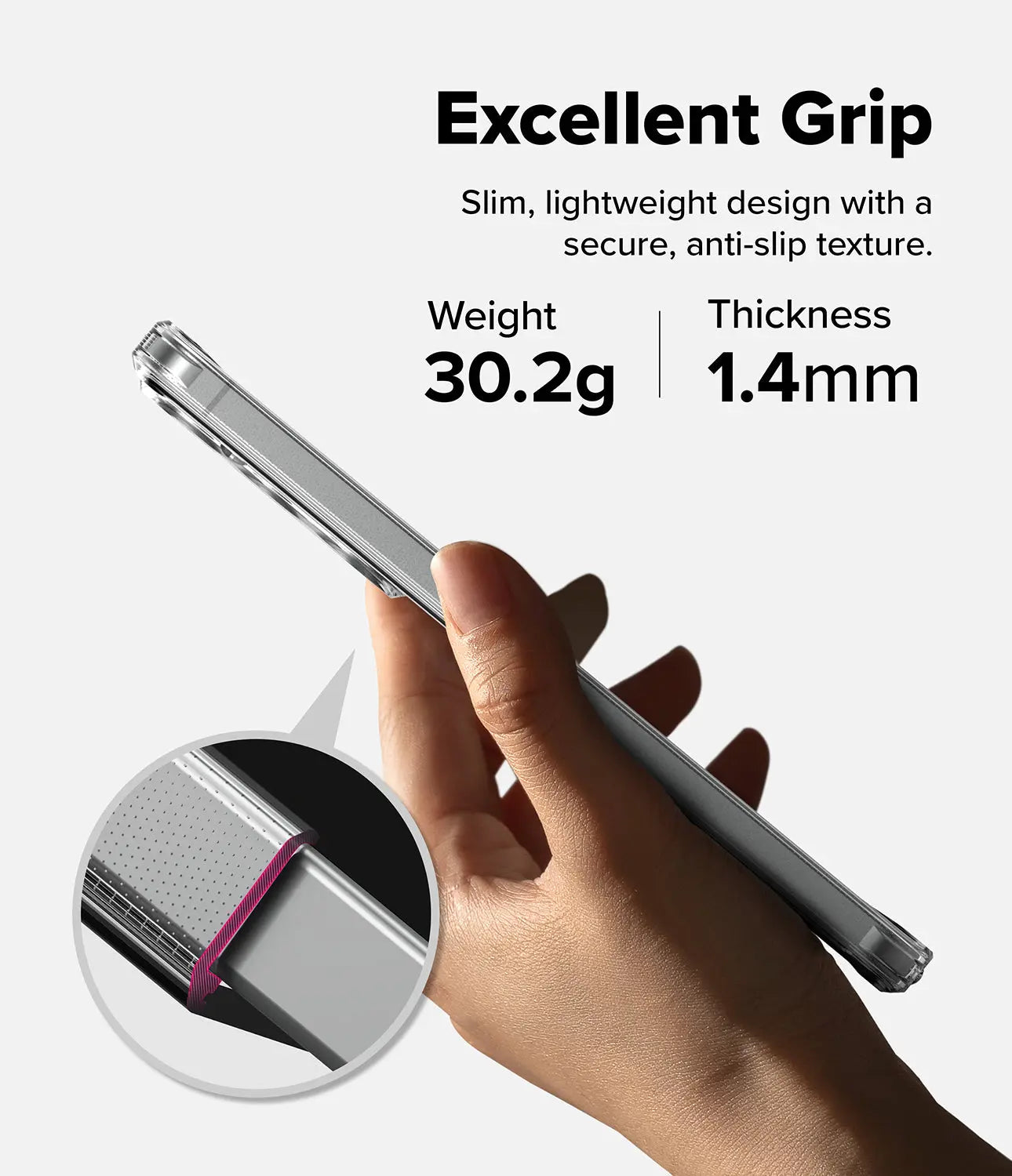 Hand holding a slim, lightweight device with text about its features on a white background