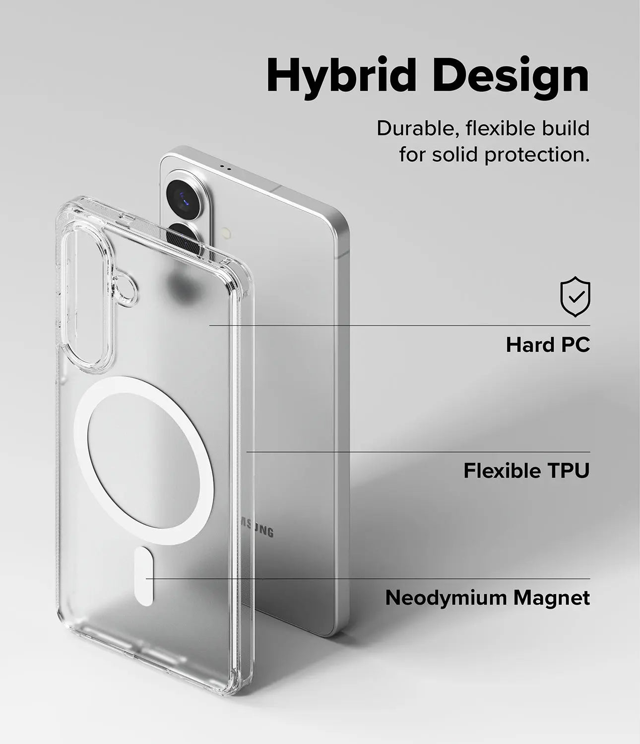 Hybrid phone case with hard PC and flexible TPU layers on a gray background