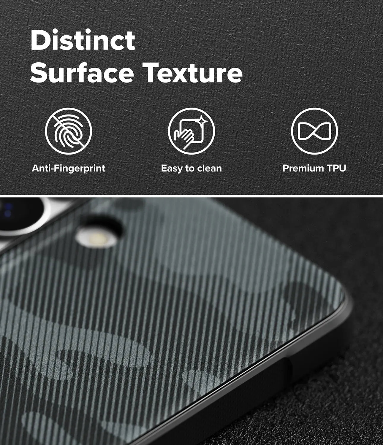 Phone case with text highlighting distinct surface texture features on a dark background