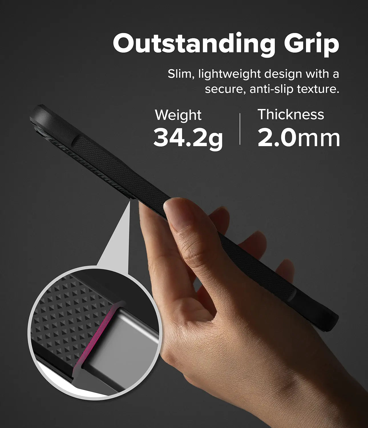 Hand holding a phone case with text about grip, weight, and thickness on a dark background