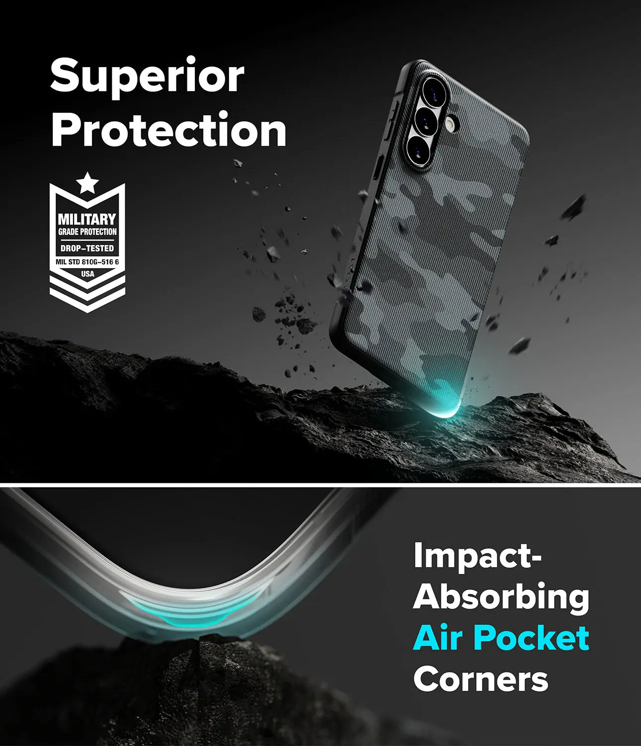 Camouflage phone case with 'Superior Protection' and 'Impact-Absorbing Air Pocket Corners' text on a dark background.