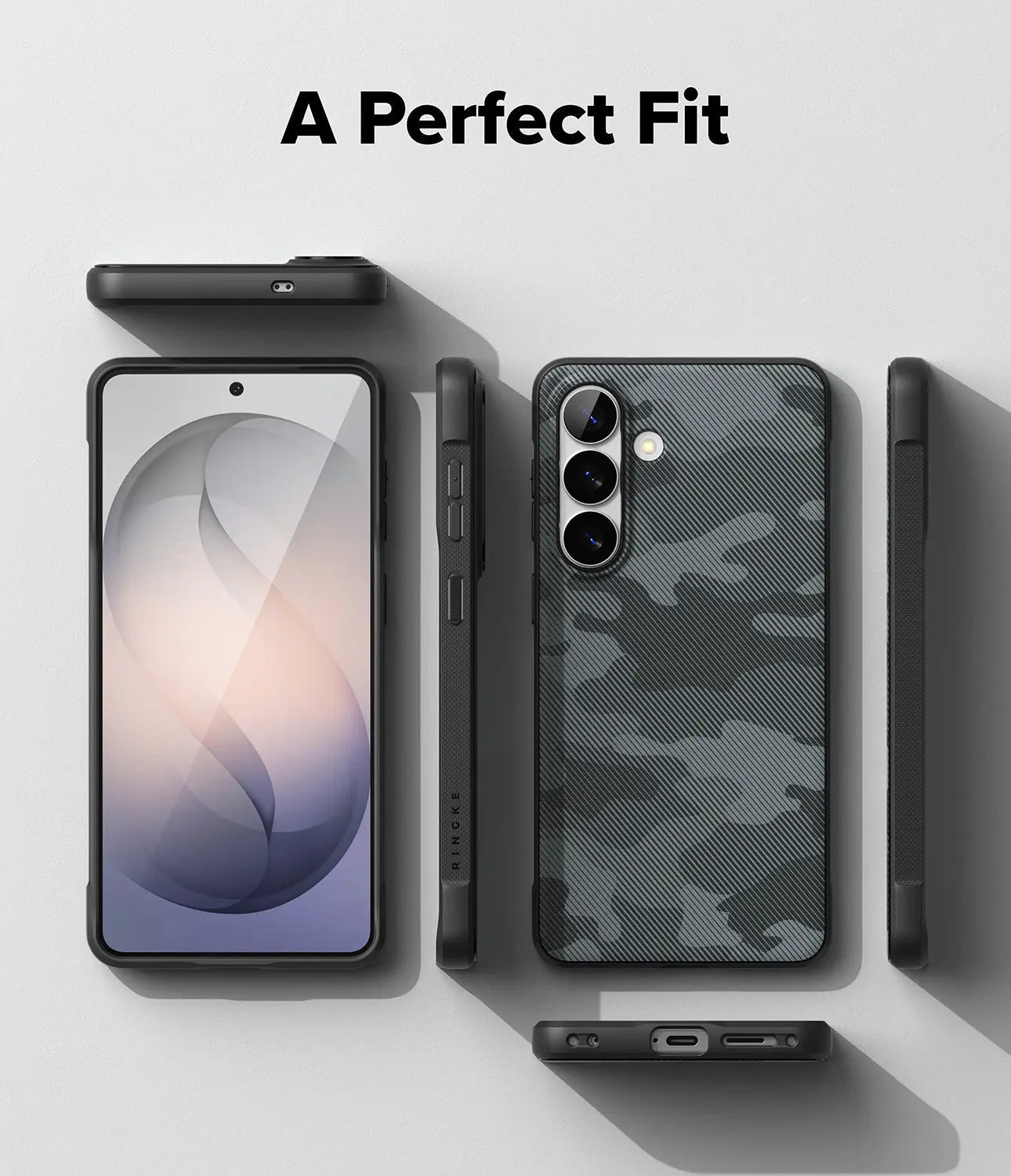 Phone case with camouflage pattern and smartphone on a light gray background