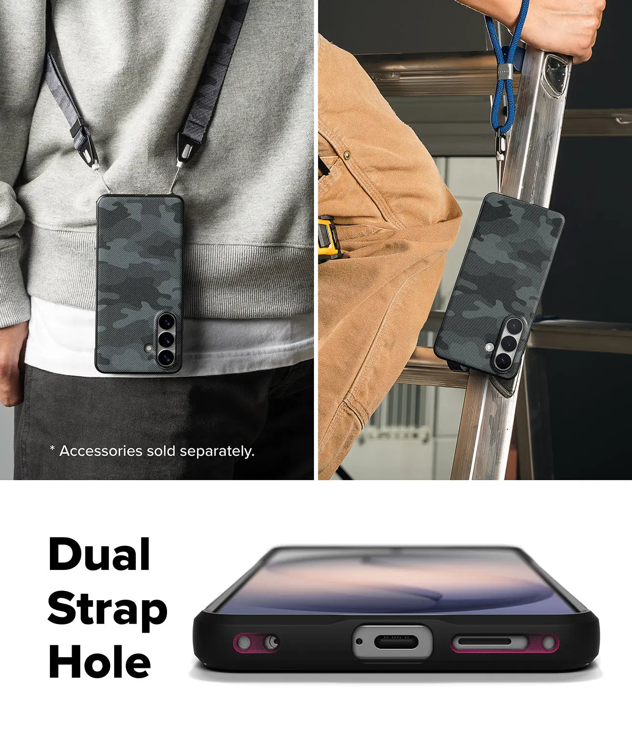 Phone case with dual strap hole feature shown on a person and a ladder.