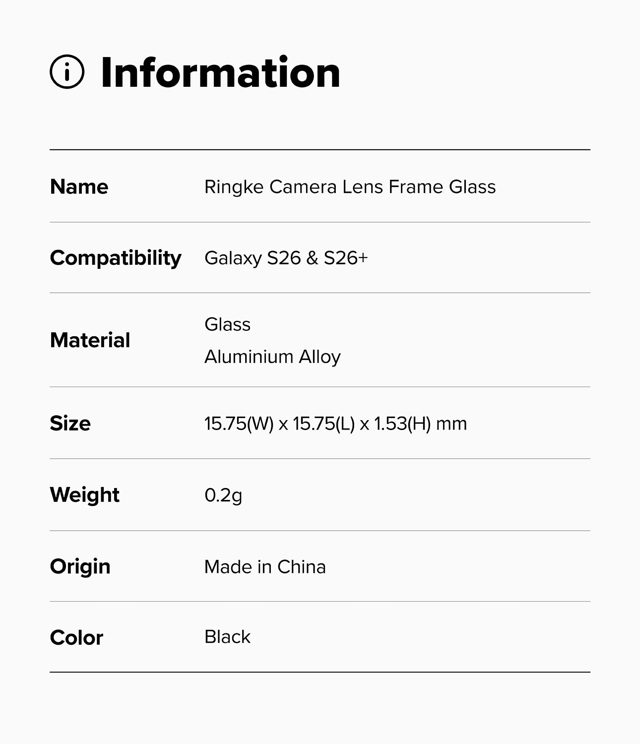 Product information card for Ringke Camera Lens Frame Glass with specifications.