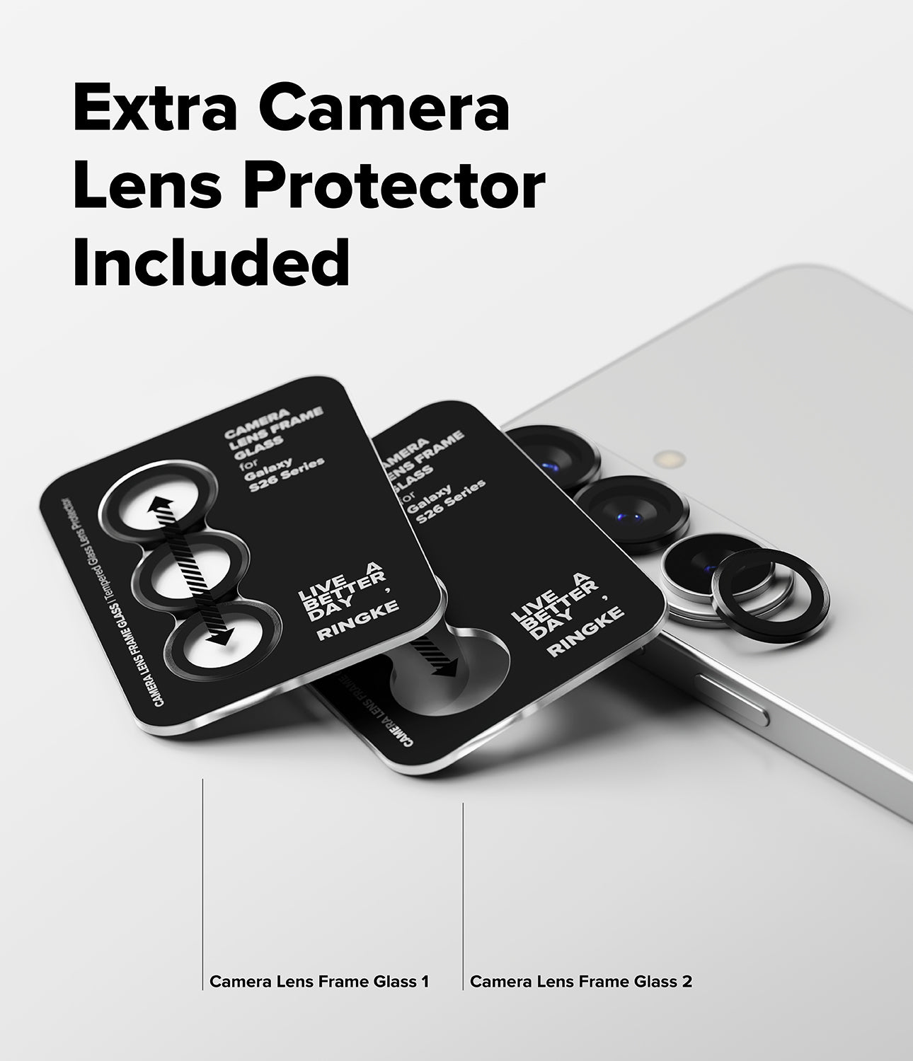 Two camera lens protector frames on a white background with text indicating an extra lens protector included.