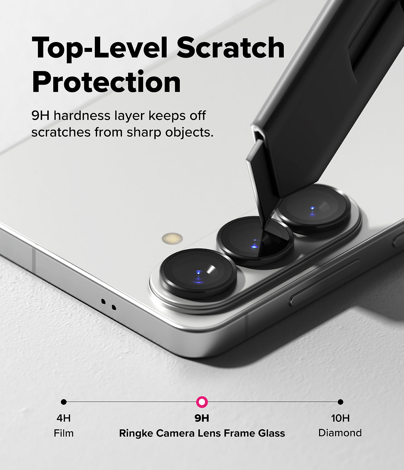 Smartphone with camera lens protector and text about scratch protection