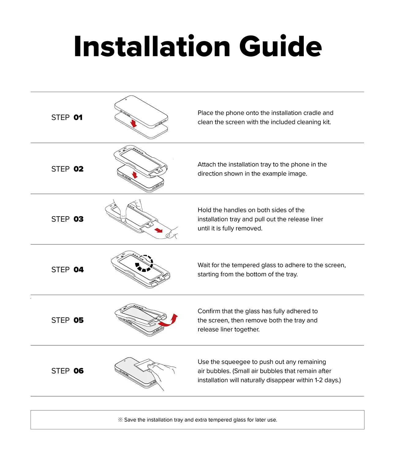 Installation guide for a phone screen protector with step-by-step instructions.