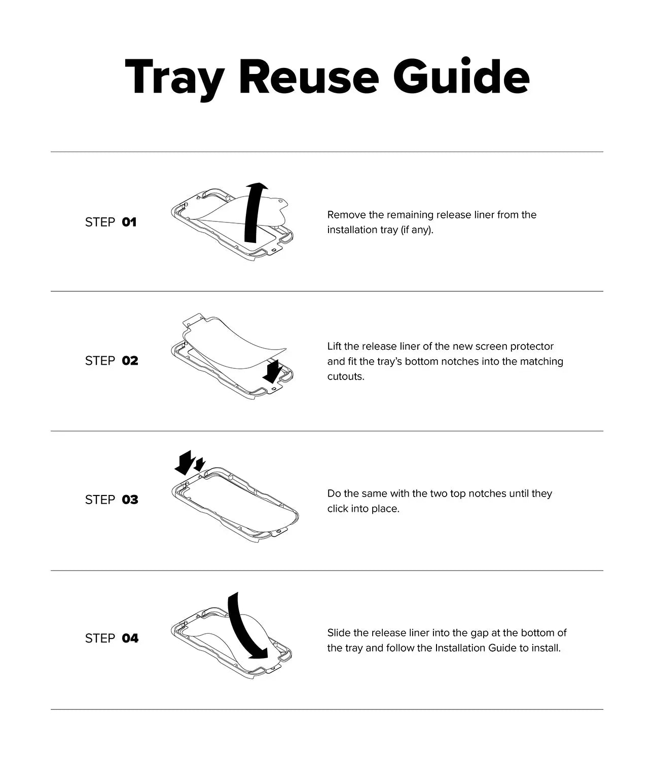 Tray Reuse Guide with step-by-step instructions on a white background
