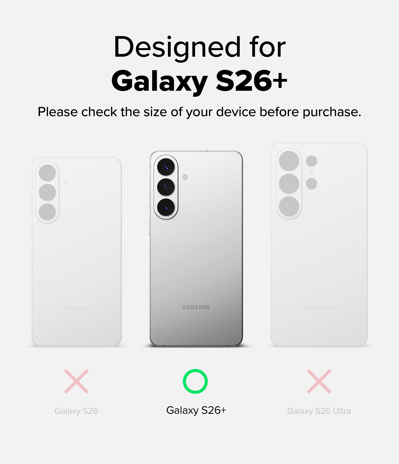 Samsung Galaxy S26+ phone with size comparison to other models on a white background