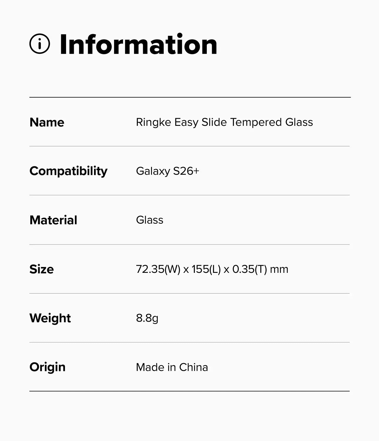 Product information card for Ringke Easy Slide Tempered Glass for Galaxy S26+