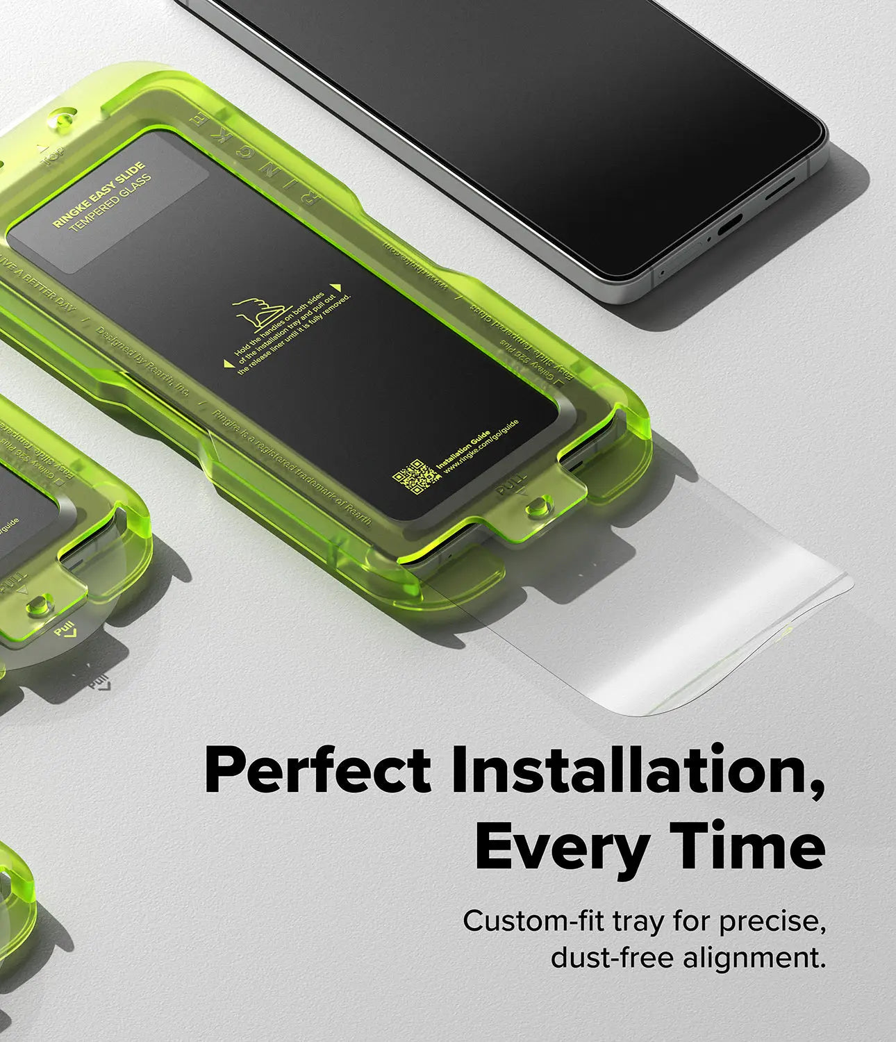 Green phone case with a smartphone on a white background, featuring text about perfect installation.
