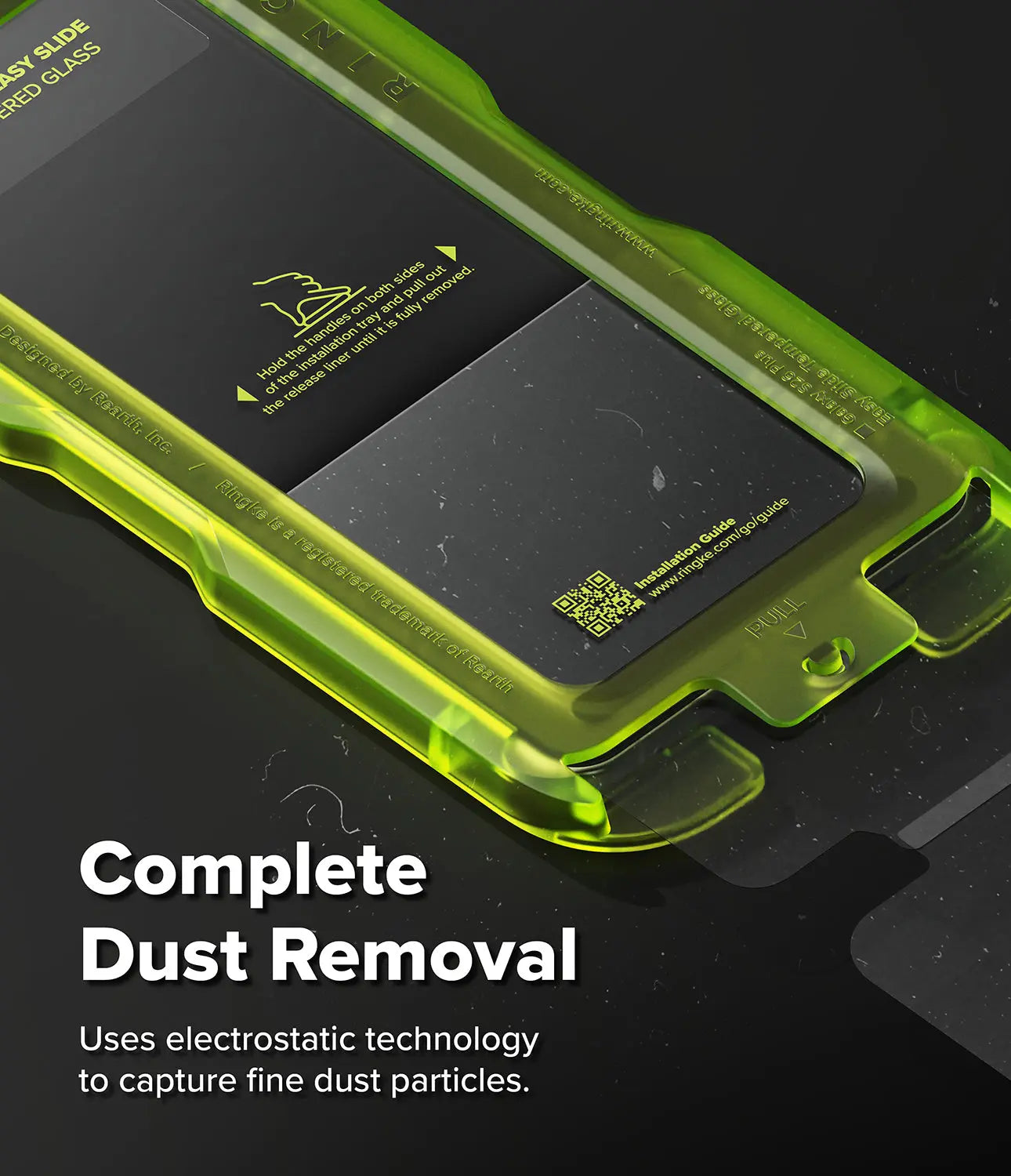 Phone screen with dust removal tool and text on a dark background