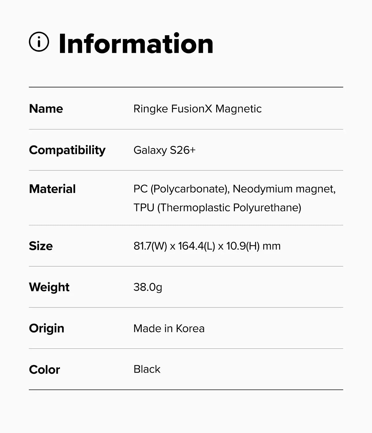 Product information card for Ringke FusionX Magnetic case with specifications.