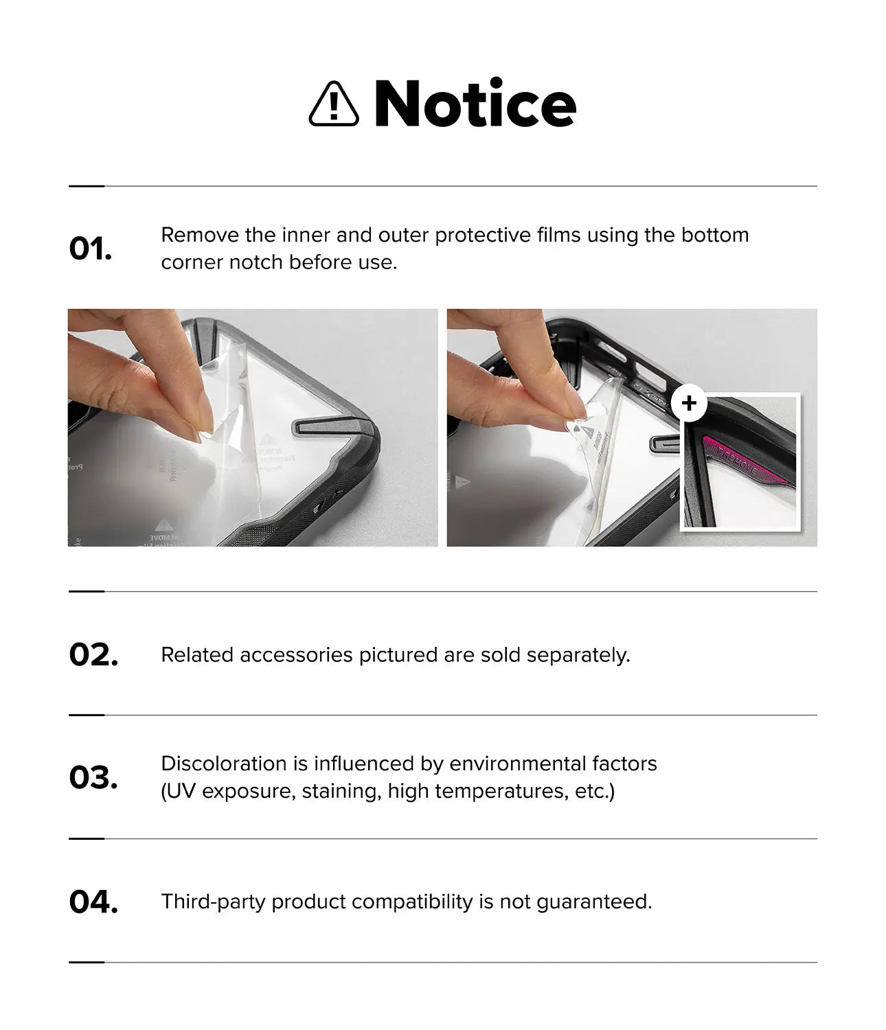 Instructions for using a protective film on a device with images of hands removing films.